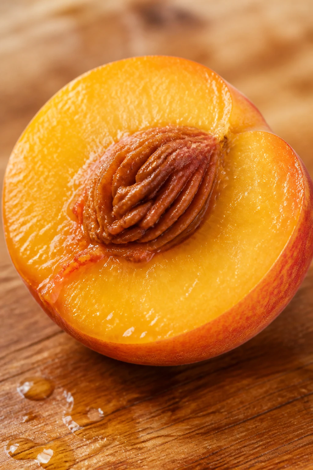 Closeup of ripe peach half with juice droplets on cutting board