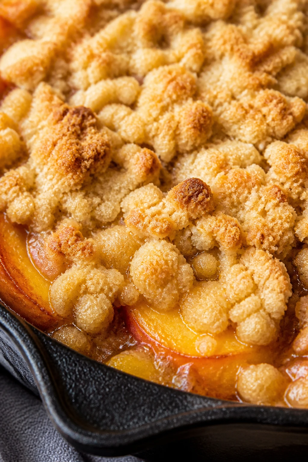Closeup of buttery crumble topping on peach dessert, skillet edge
