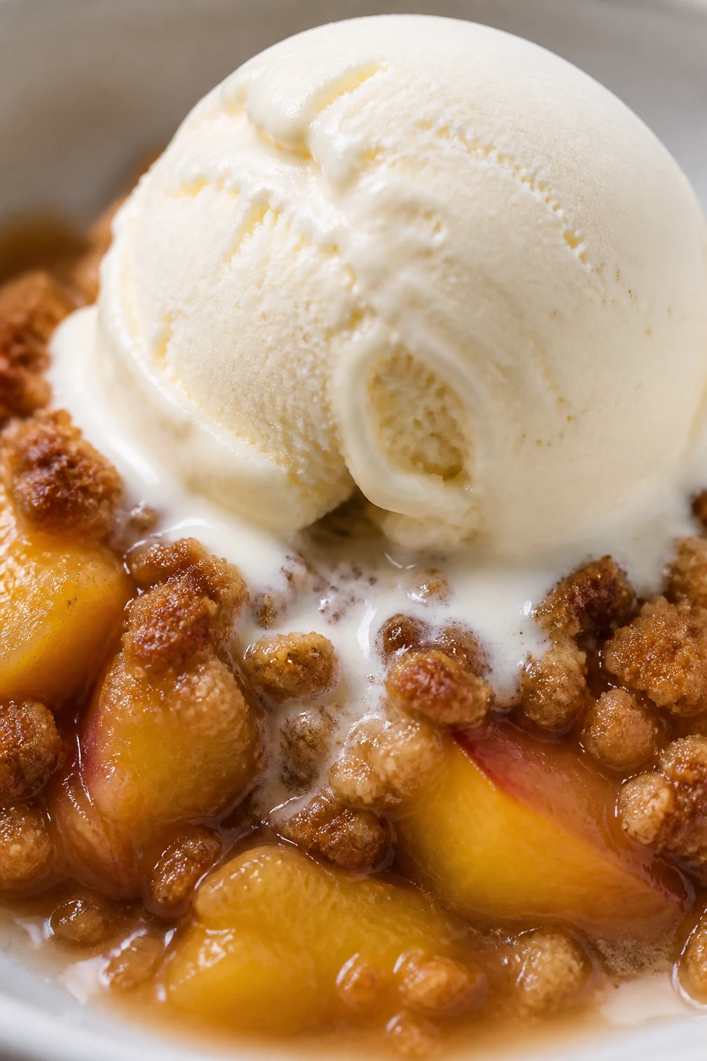 Closeup of scoop of vanilla ice cream melting over peach crumble dessert
