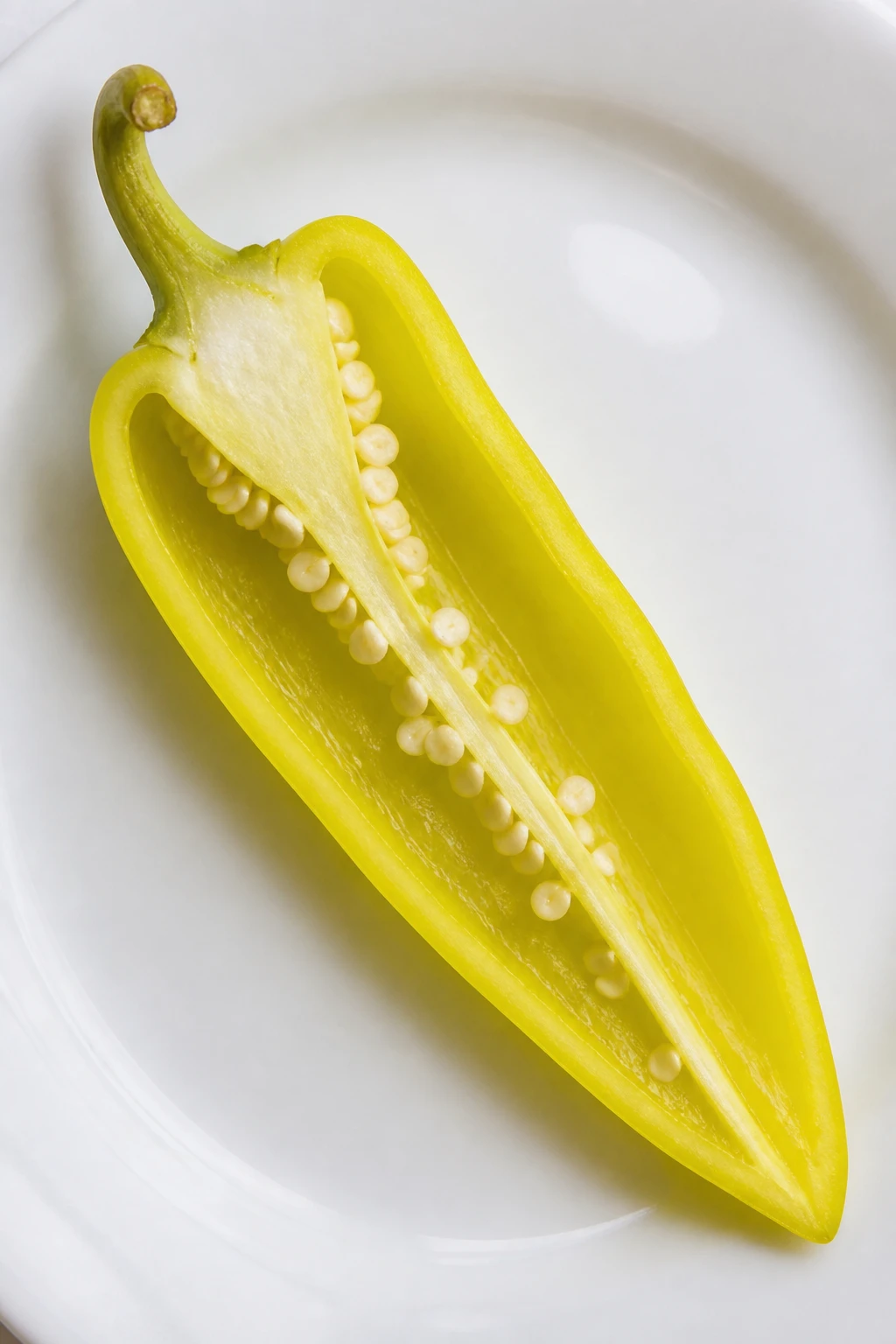 Closeup of a single bright banana pepper, sliced lengthwise on white plate
