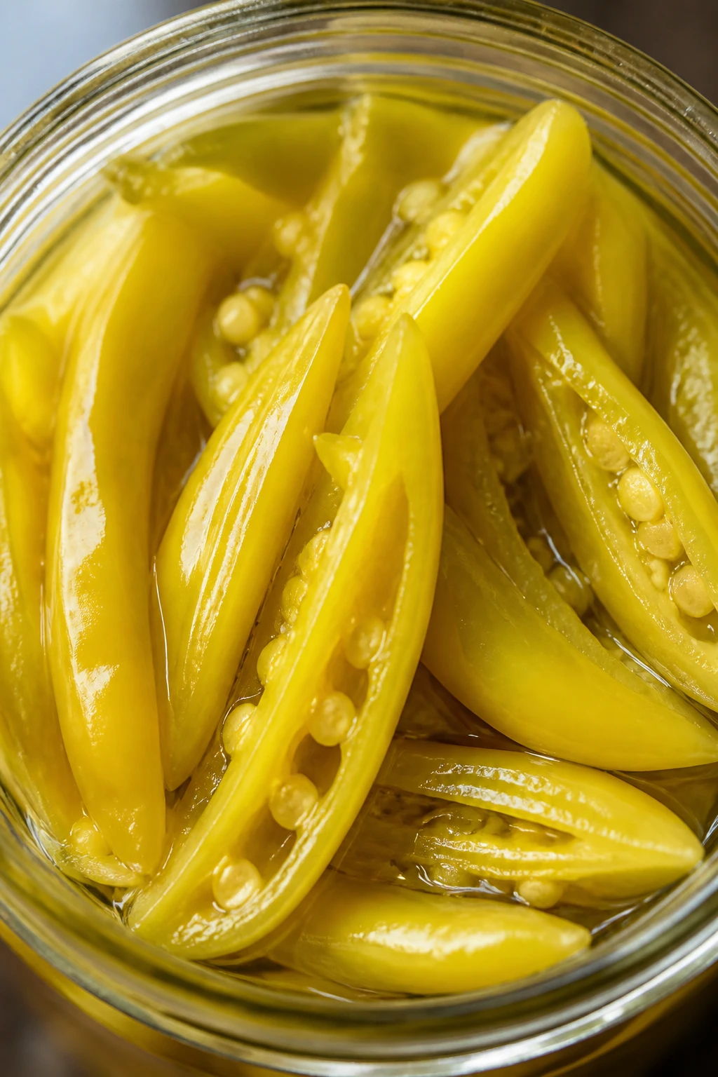 Closeup of a glass jar with crisp pickled banana pepper spears, focus on texture