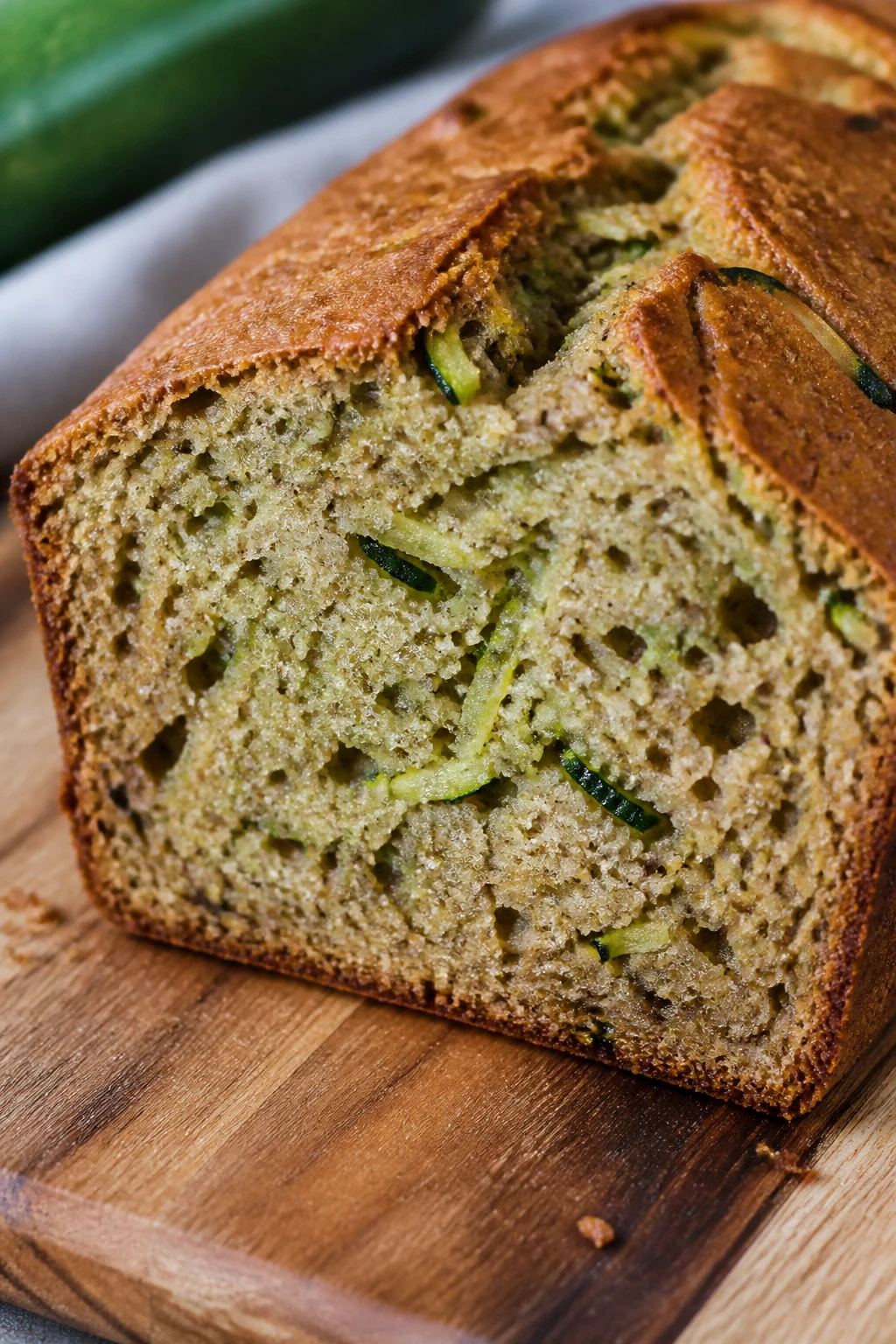 Closeup of gluten-free zucchini bread loaf slice on cutting board