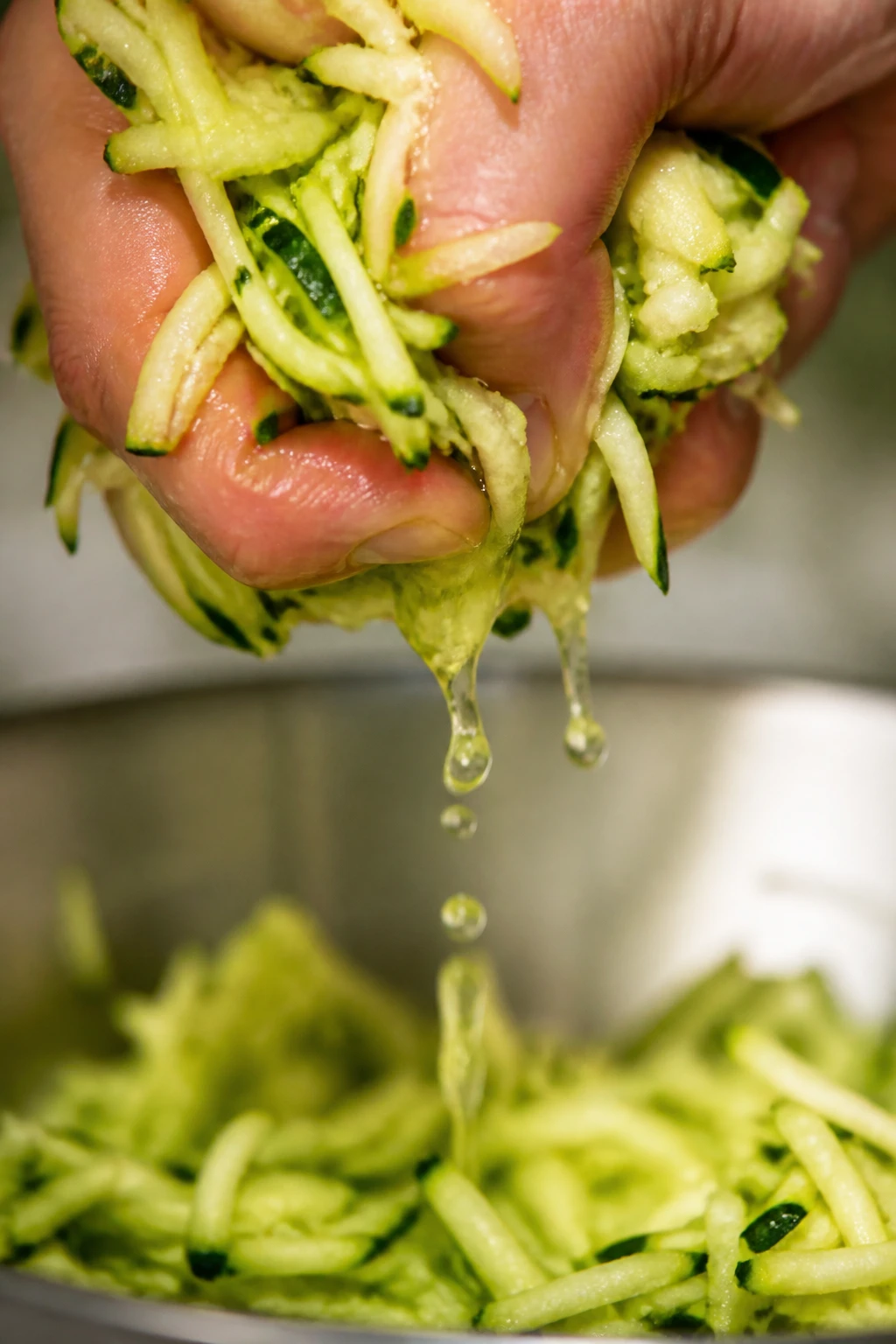 Closeup macro of grated zucchini being squeezed over bowl