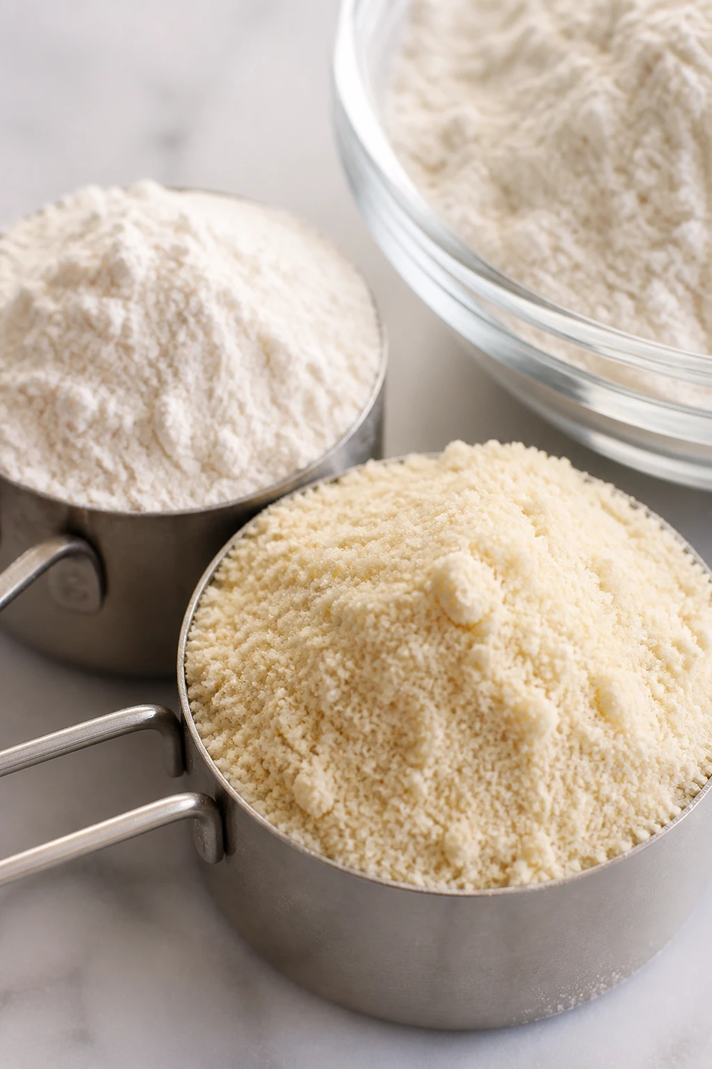 Closeup of almond flour measuring cups and gluten-free flour blend