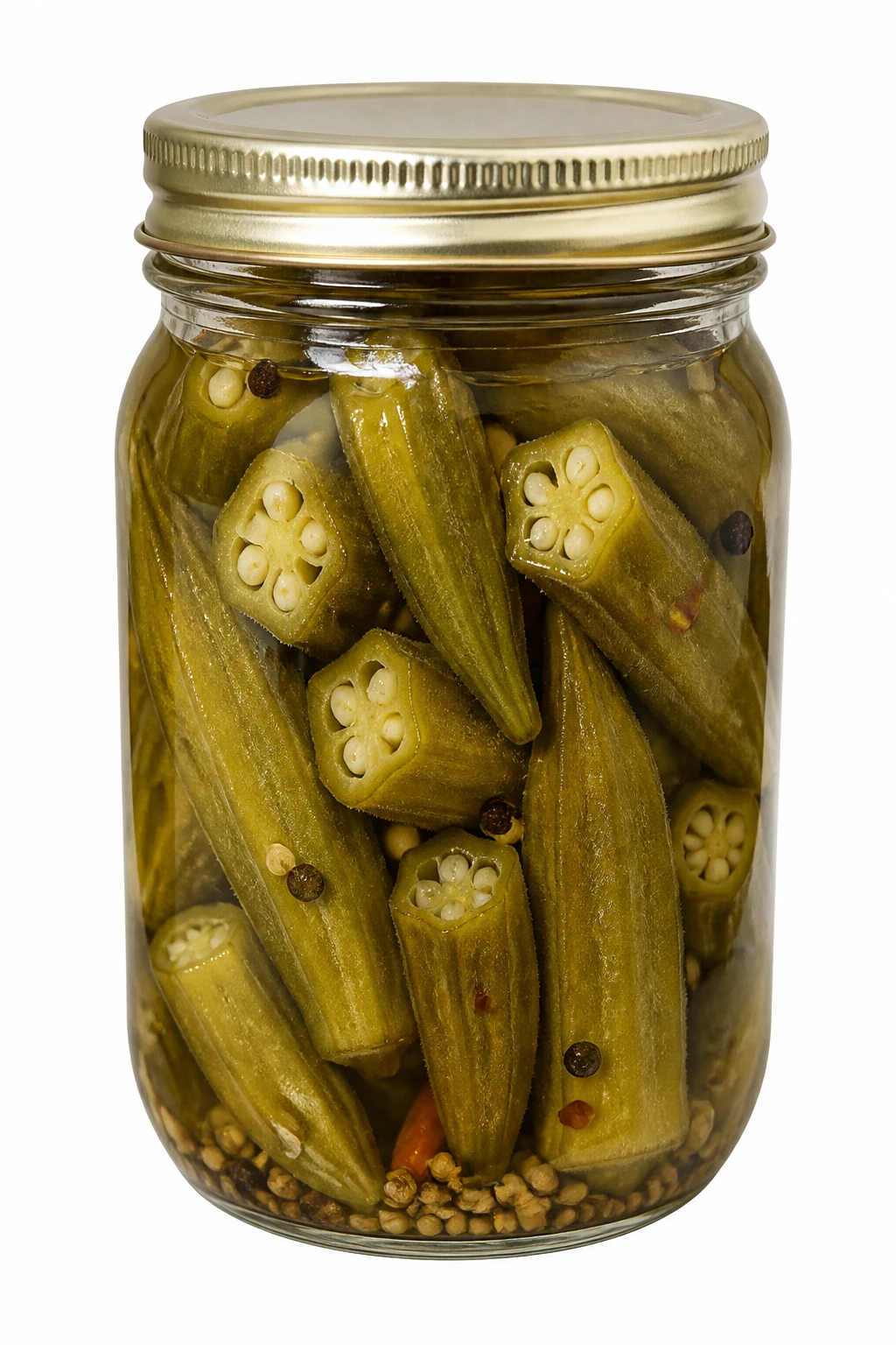 Closeup of a single jar of crunchy pickled okra on a white background