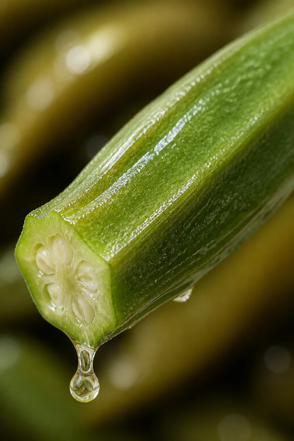 Macro shot of one bright green okra spear dripping brine