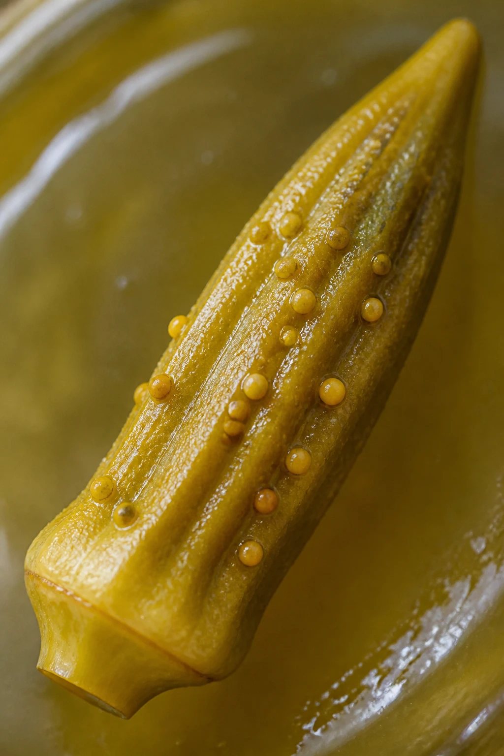 Closeup of a single pickled okra spear with visible mustard seeds on surface