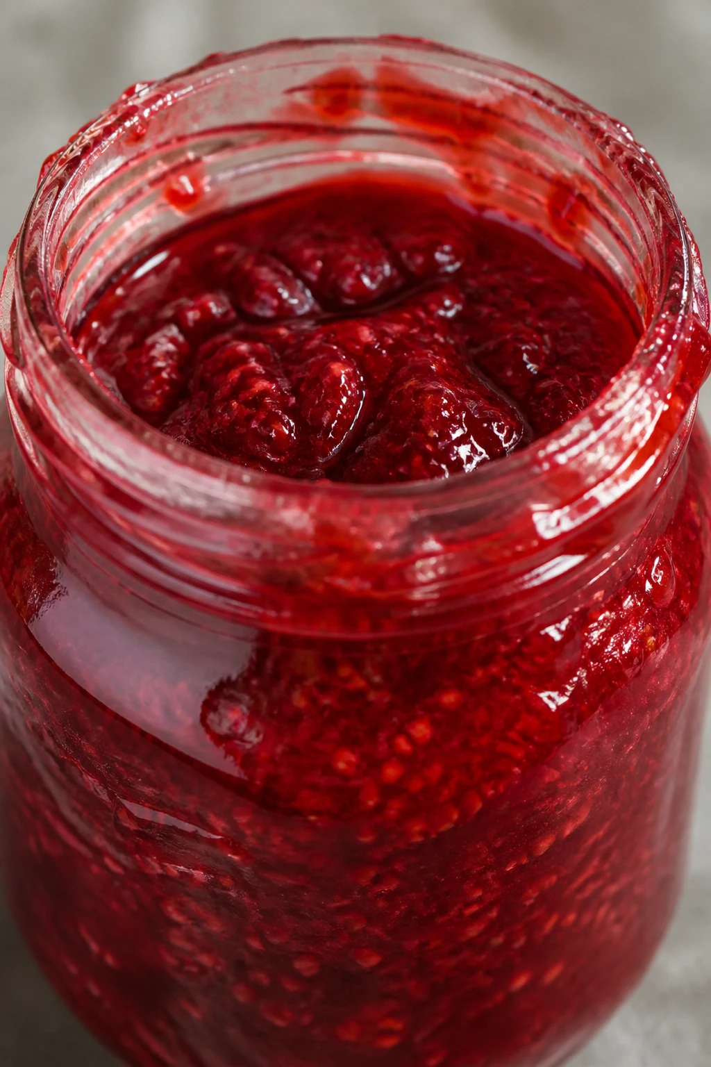 Closeup: raspberry jam jar with glossy surface, sticky rim