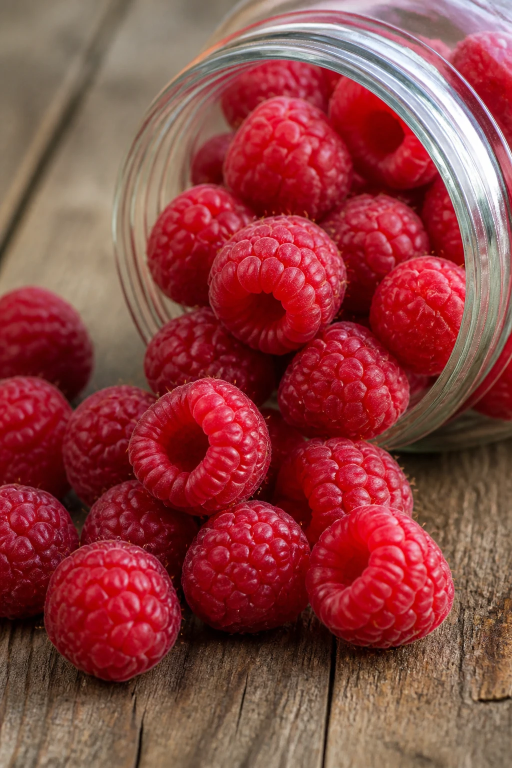 Closeup: fresh raspberries spilling from jar onto wood surface