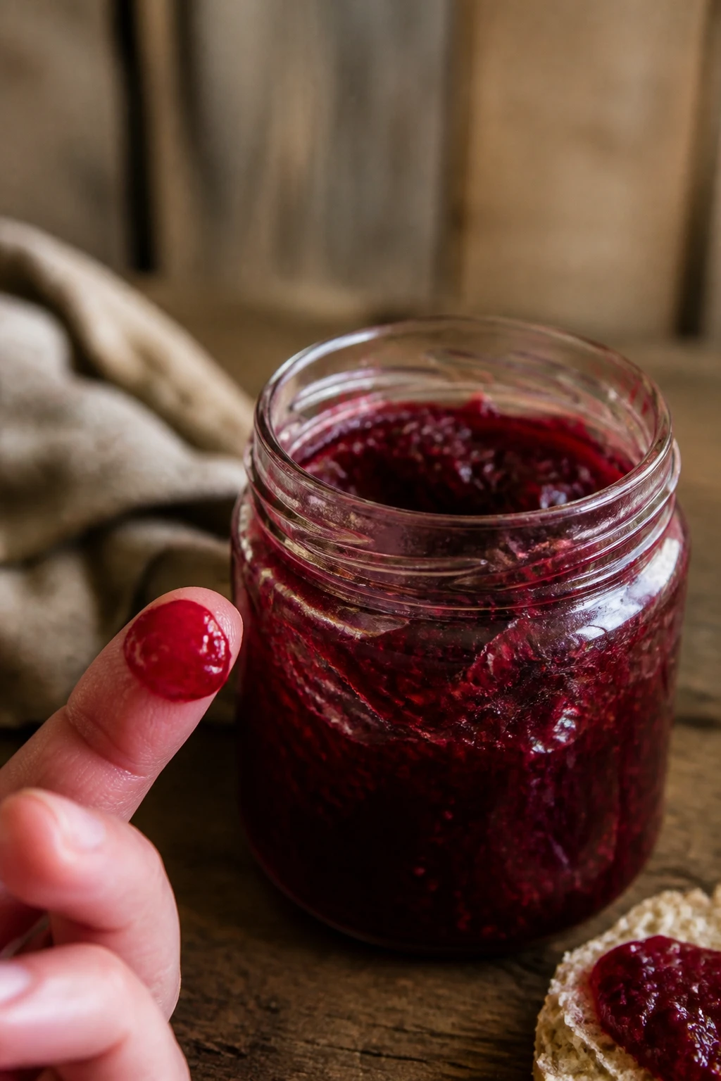 Closeup: finger smudged with jam, jar in focus, rustic background