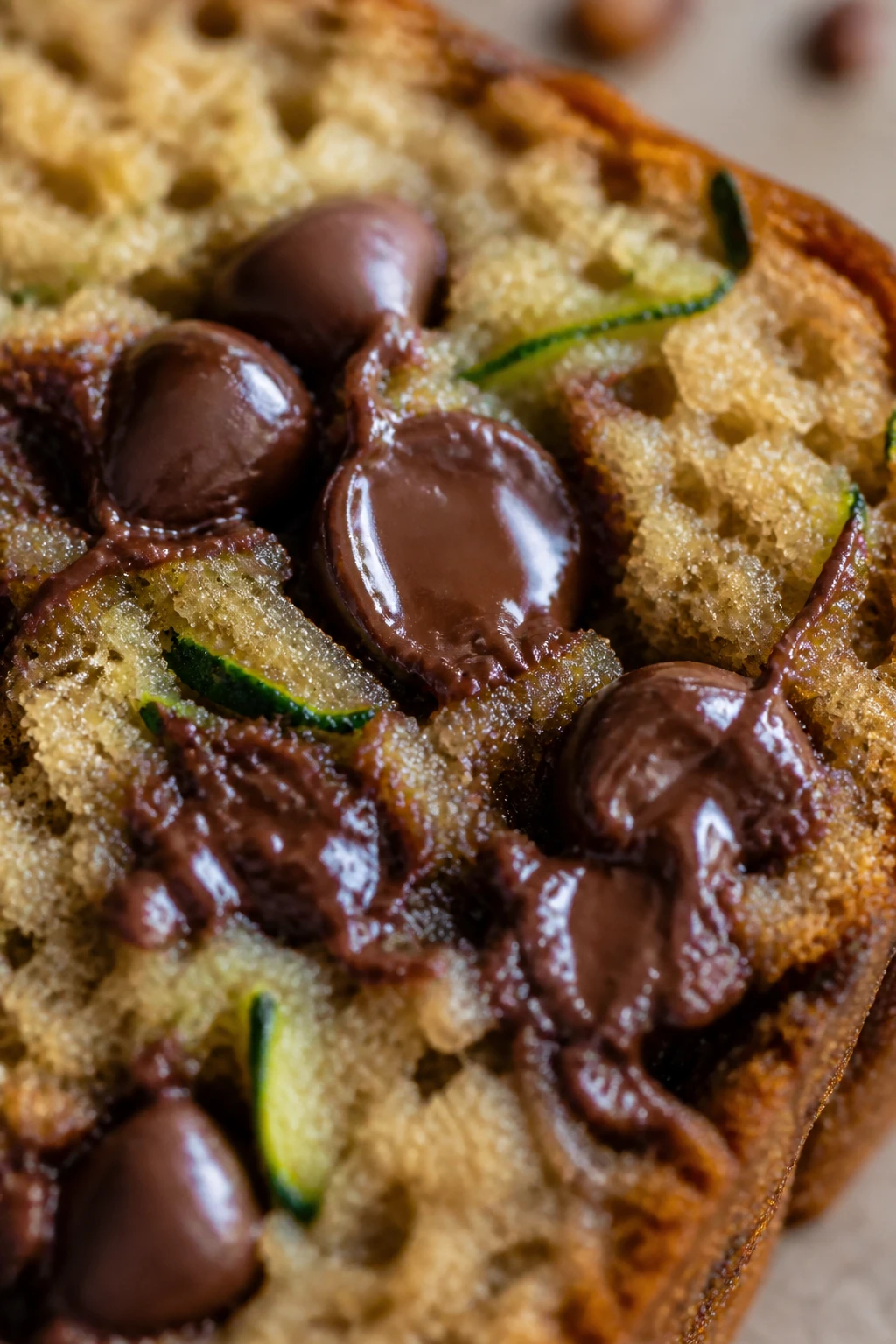 closeup of chocolate chips melting in zucchini bread slice
