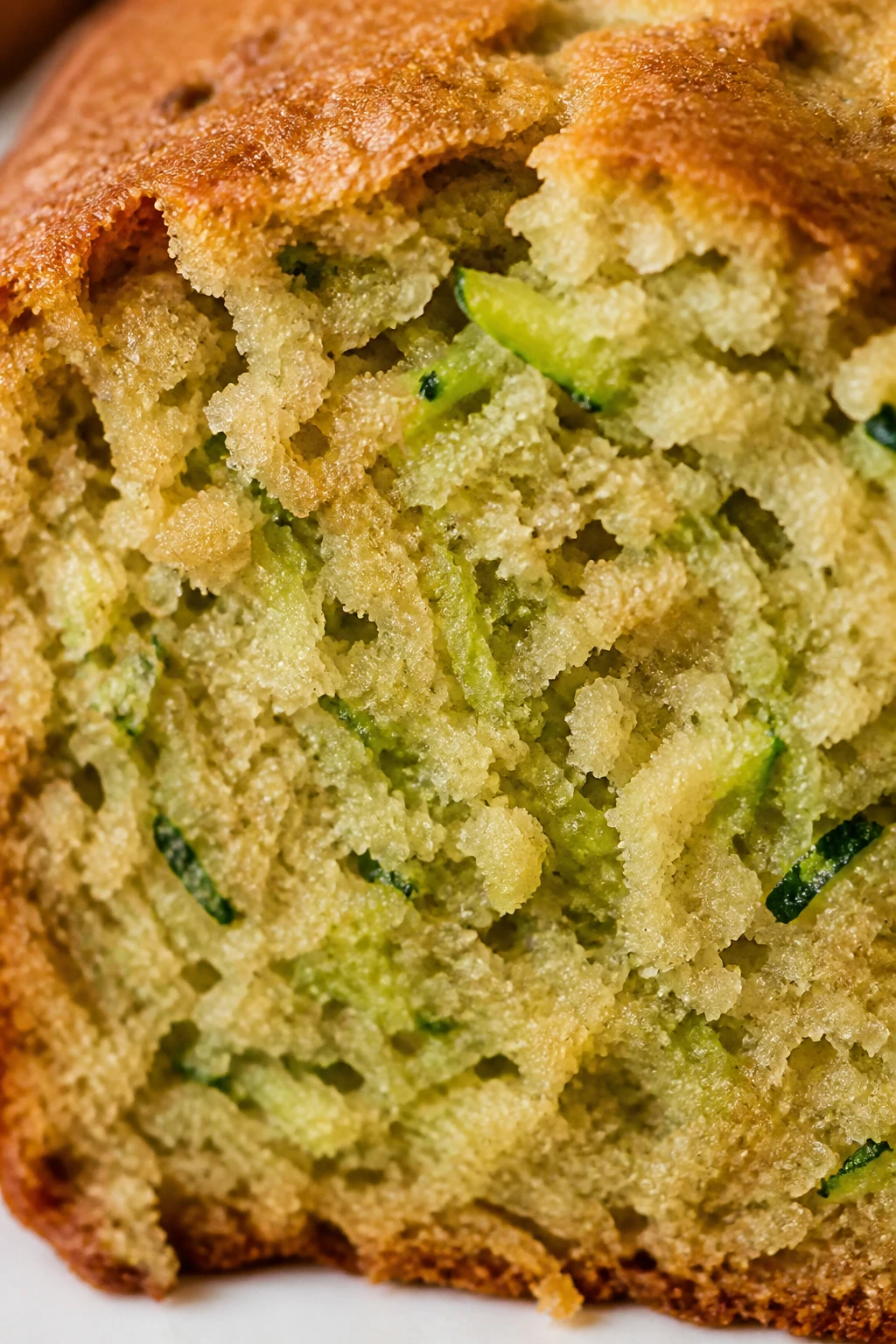 closeup of grated zucchini with pastry crumb texture in loaf