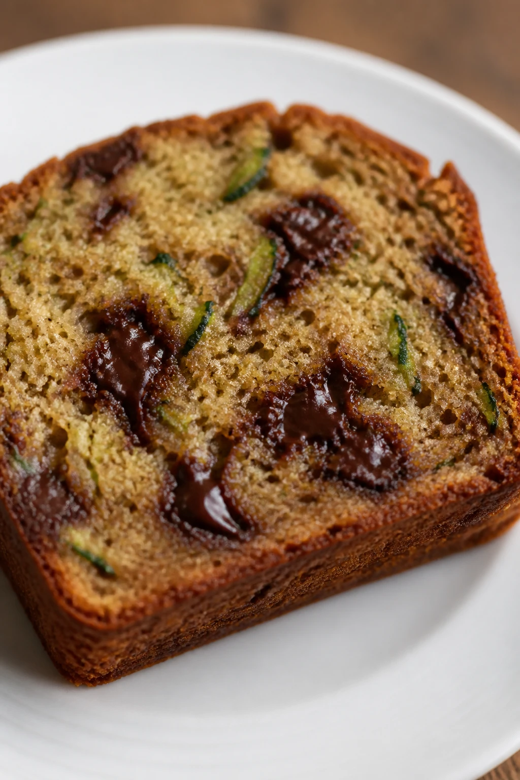 single warm zucchini bread slice on white plate, focus on moist crumb and chocolate pockets