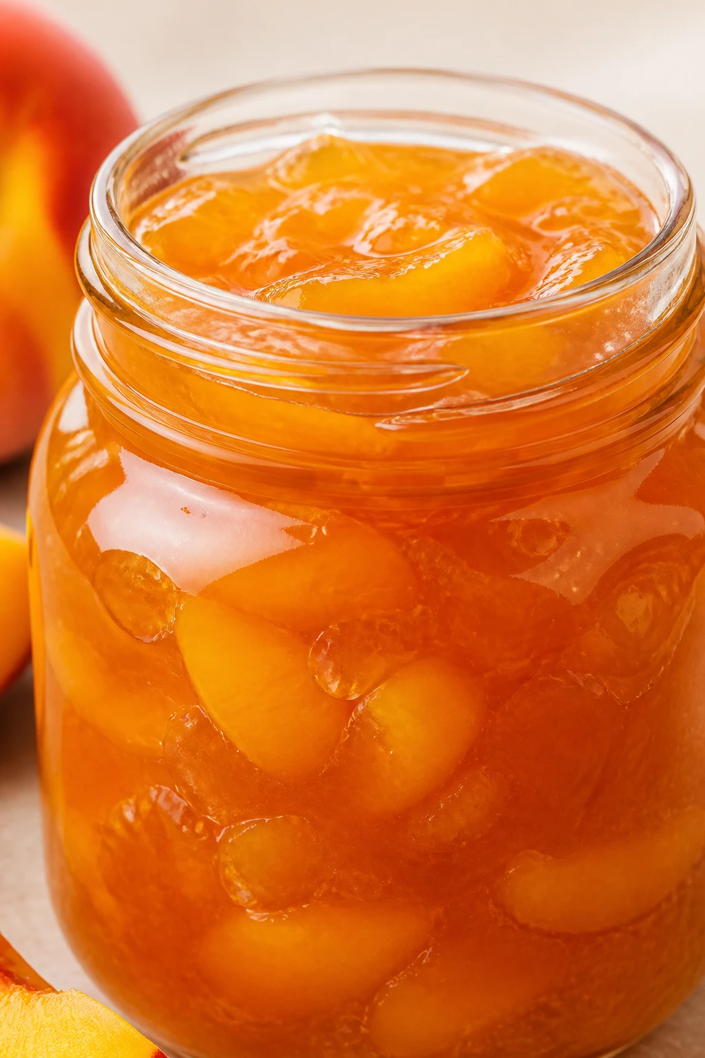 closeup of glossy peach jam jar with visible fruit chunks