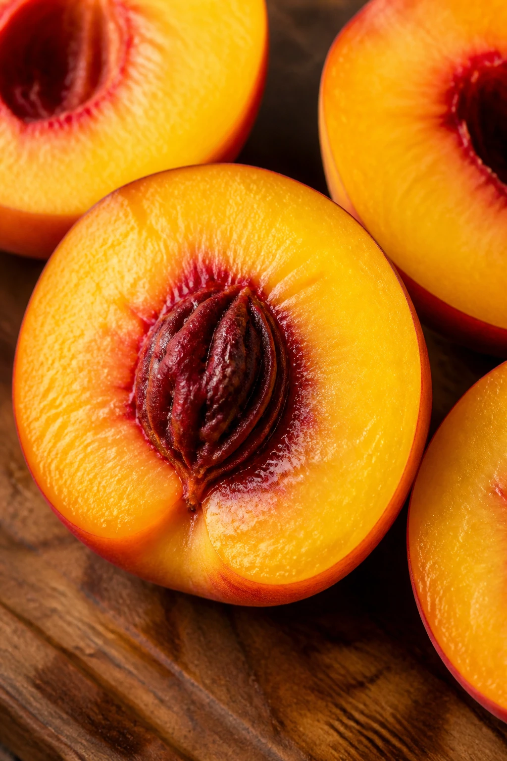 closeup of sliced ripe peach halves on wooden board