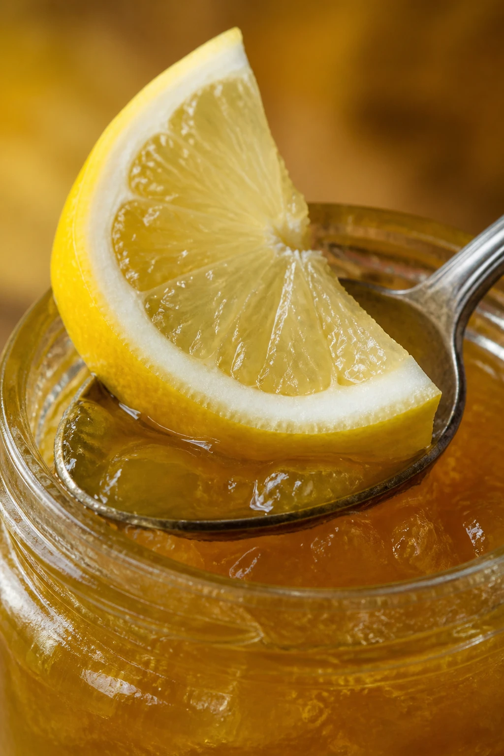 closeup of lemon wedge resting on jam-spoon over jar glaze