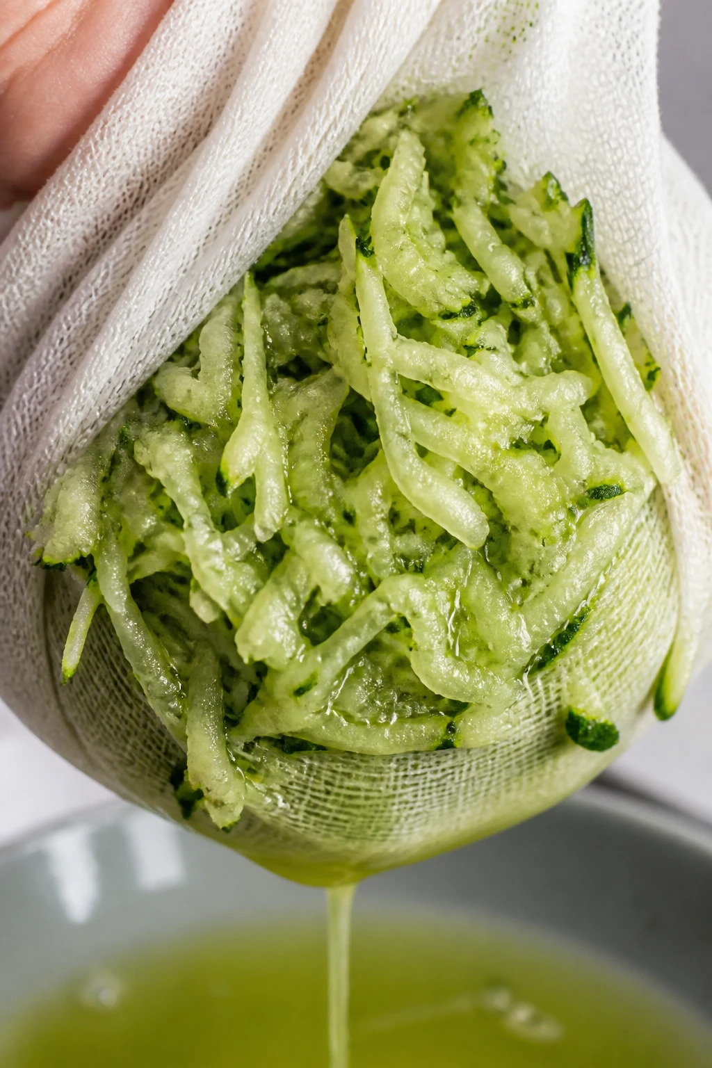 closeup of grated zucchini being squeezed in a cloth