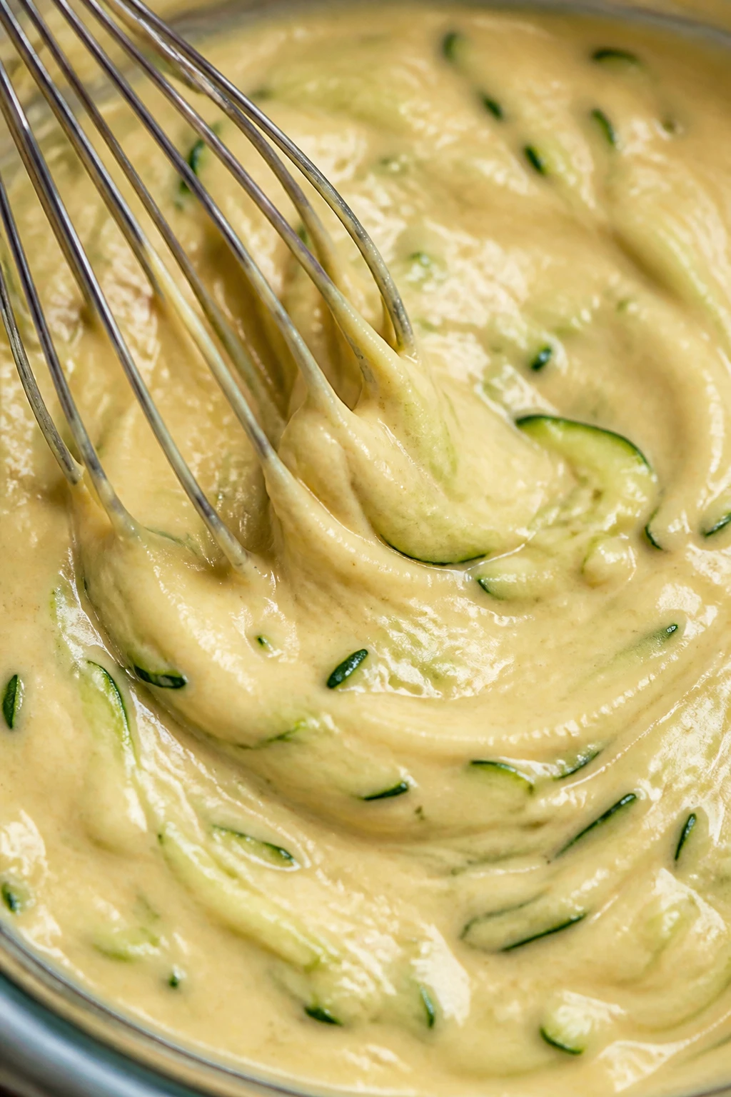 closeup of a whisk folding batter with zucchini specks