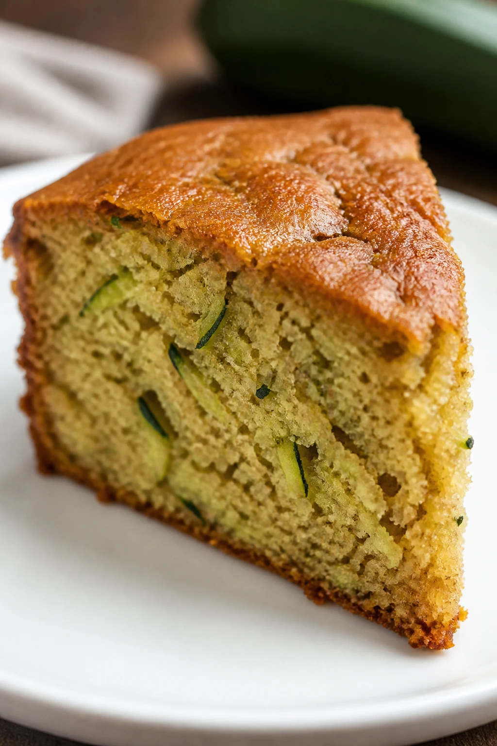 closeup of a freshly baked zucchini cake slice on white plate