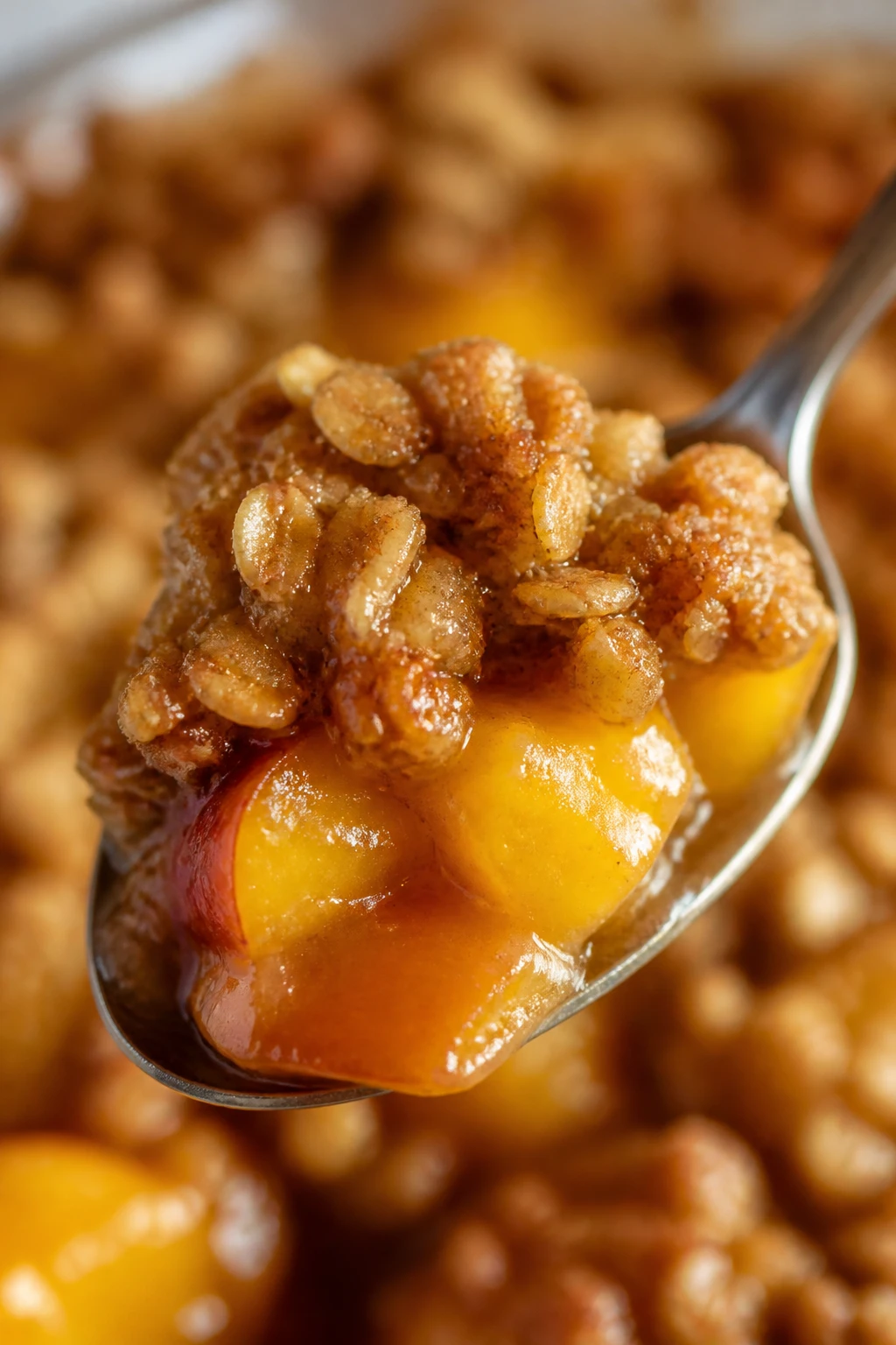 Closeup of peach crumble topping crackling on a spoon
