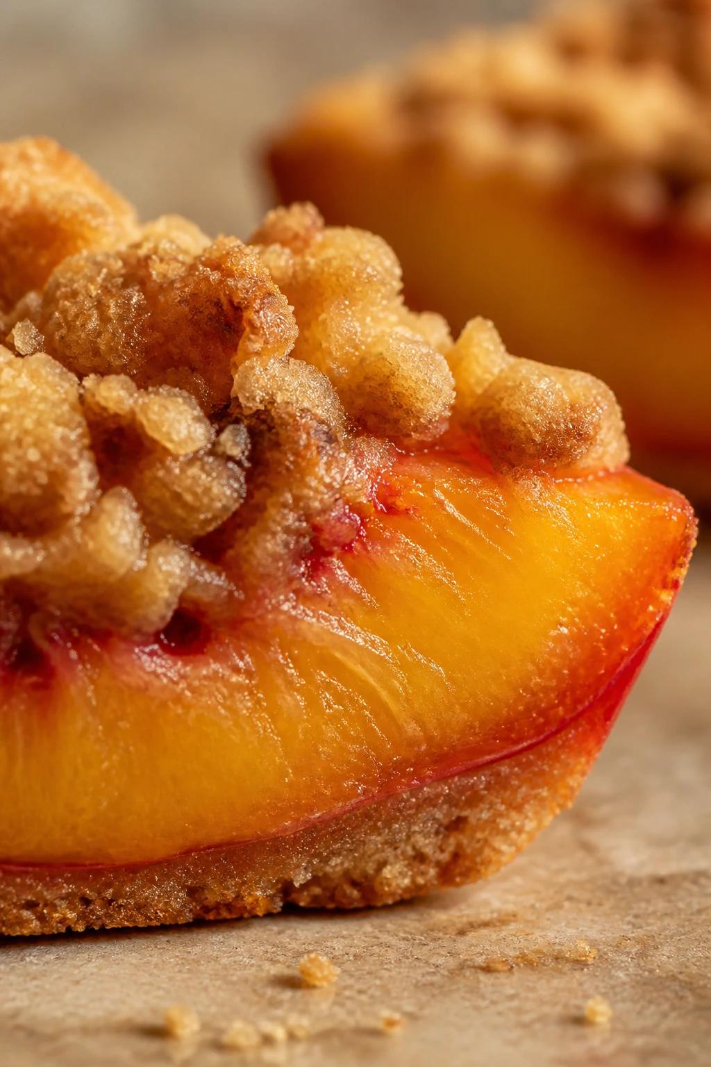 Side profile macro of juicy peach halves with crumble crust
