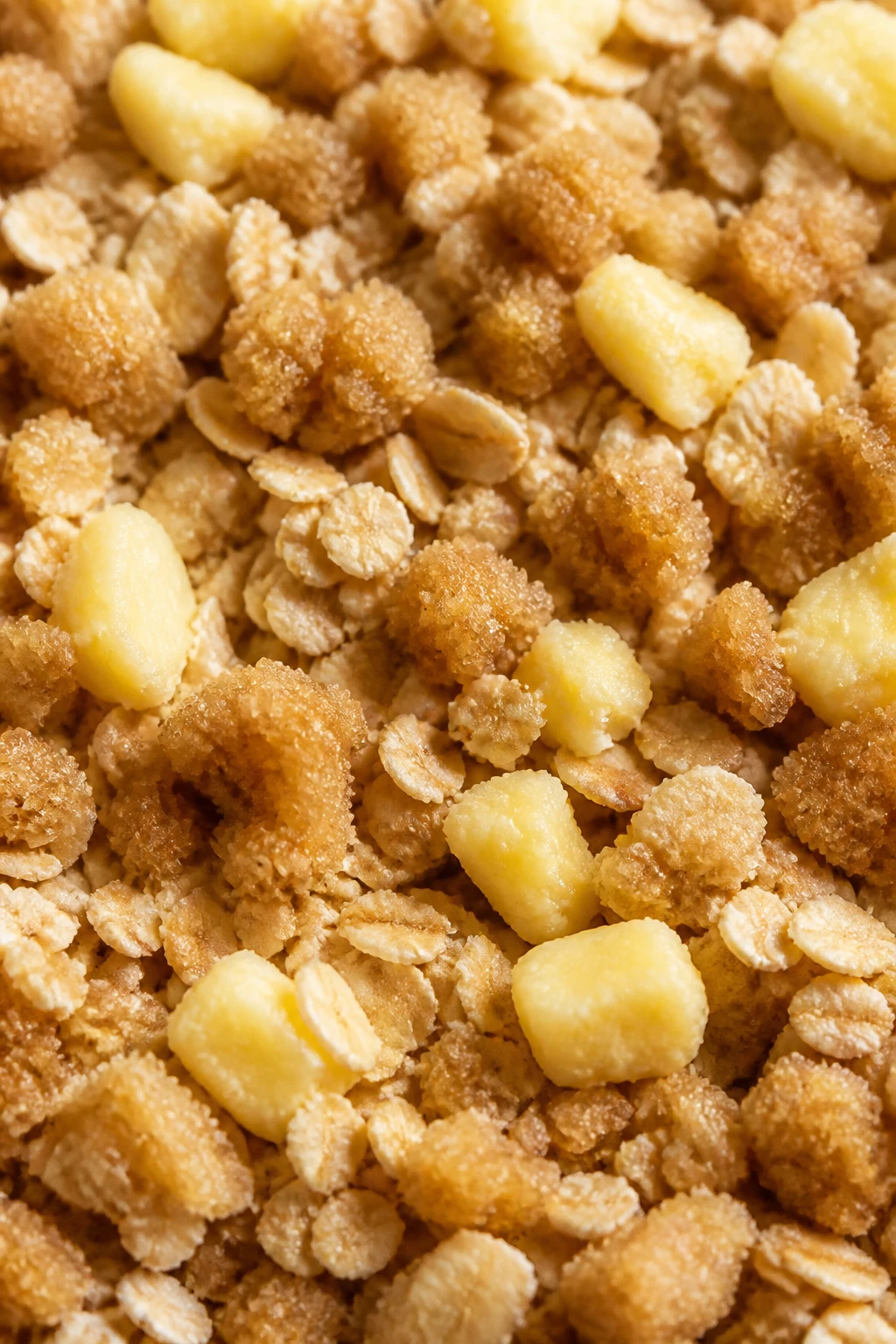 Closeup of soft brown sugar and butter crumbles on oats texture