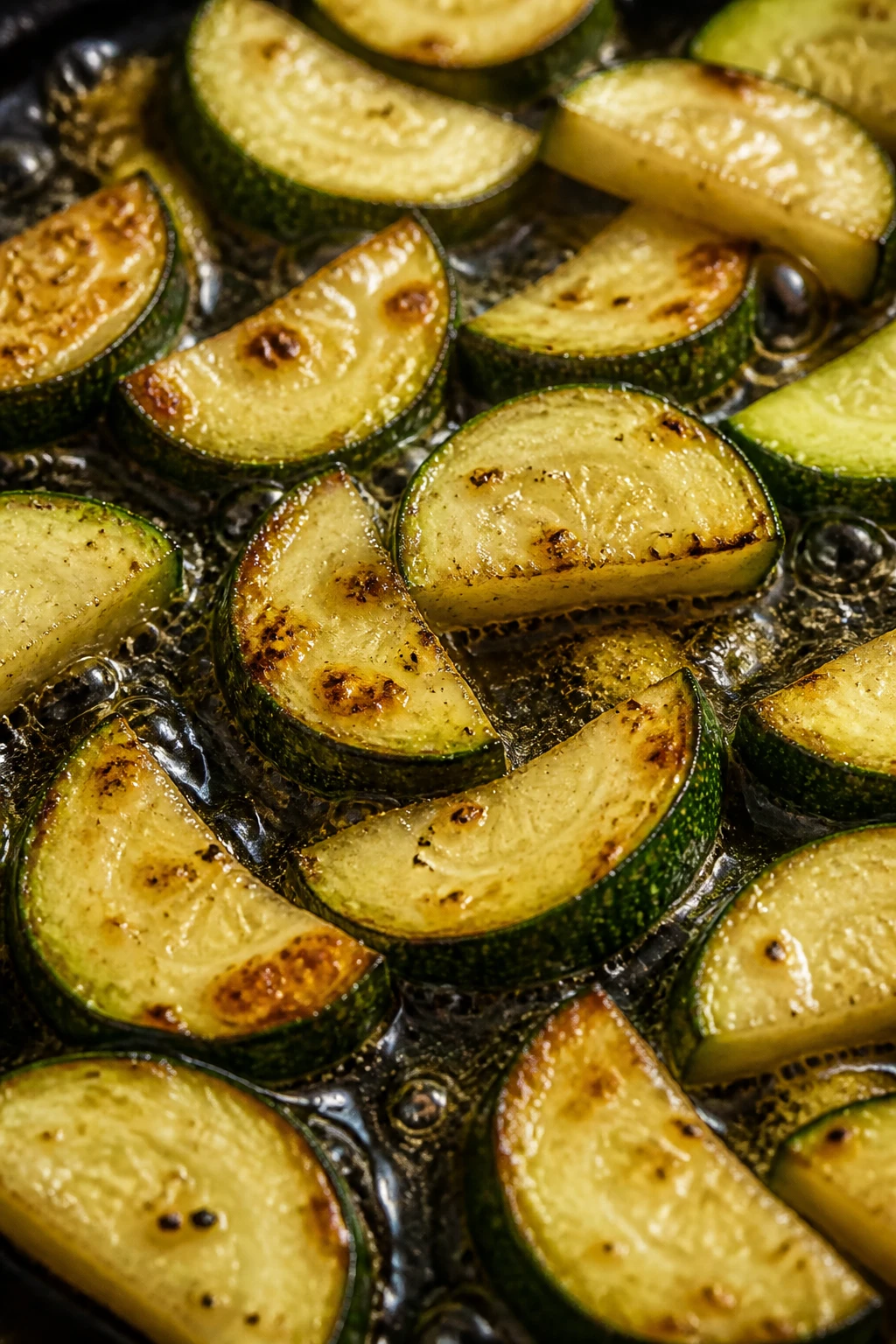 Closeup of zucchini half-moons sizzling in olive oil