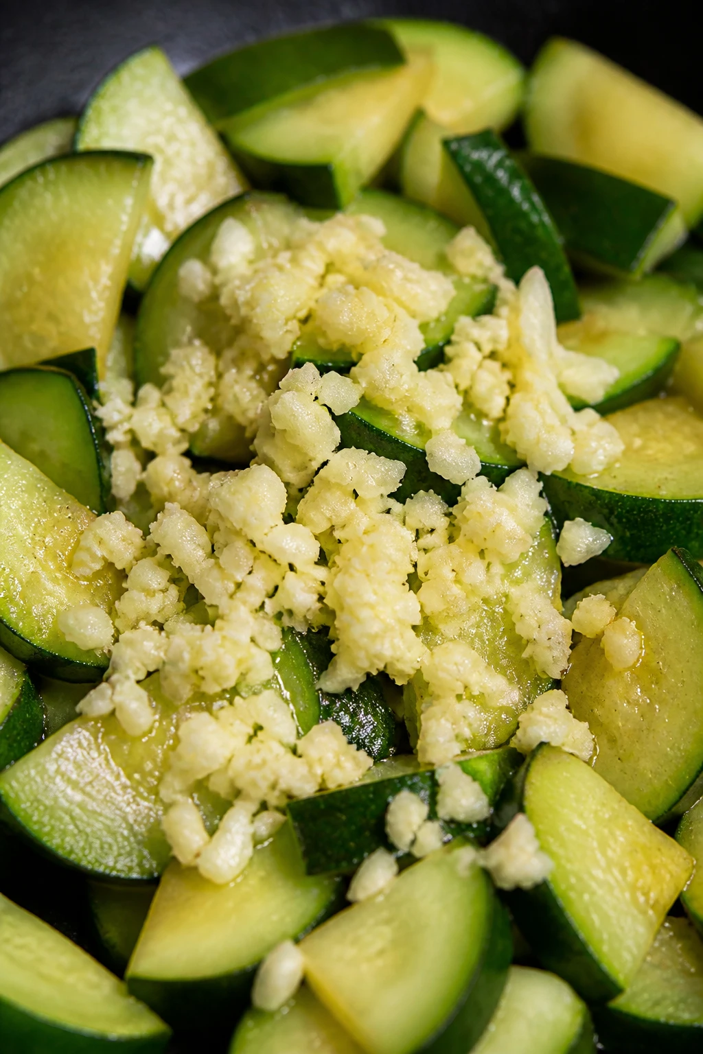 Closeup of minced garlic over zucchini in pan