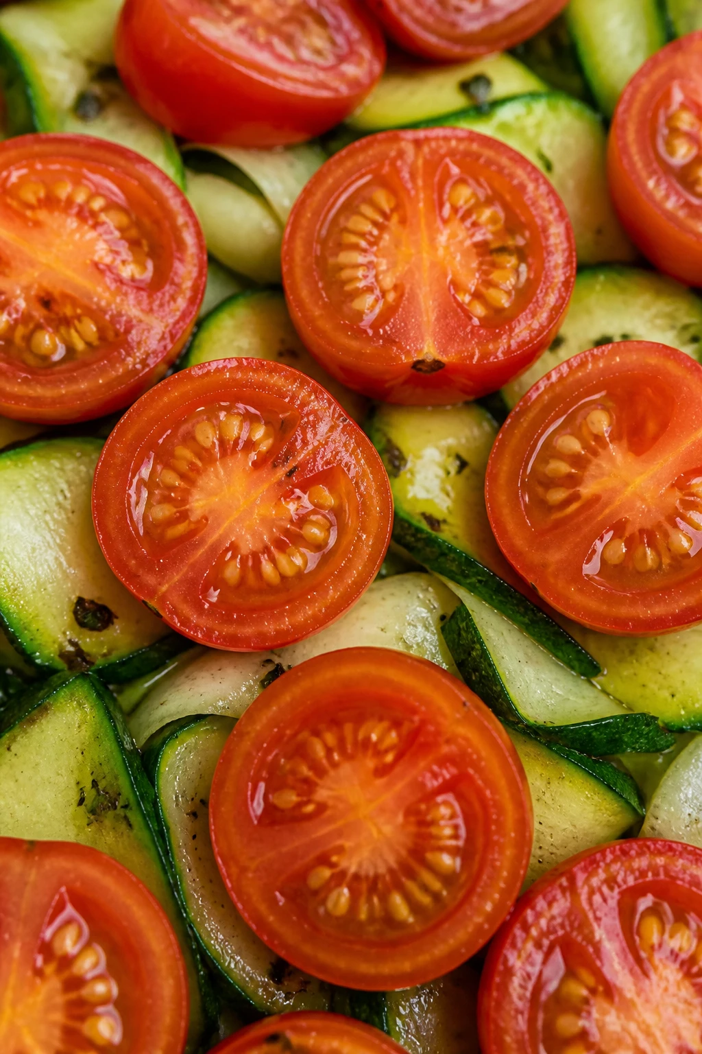 Closeup of cherry tomatoes halves resting atop zucchini bed