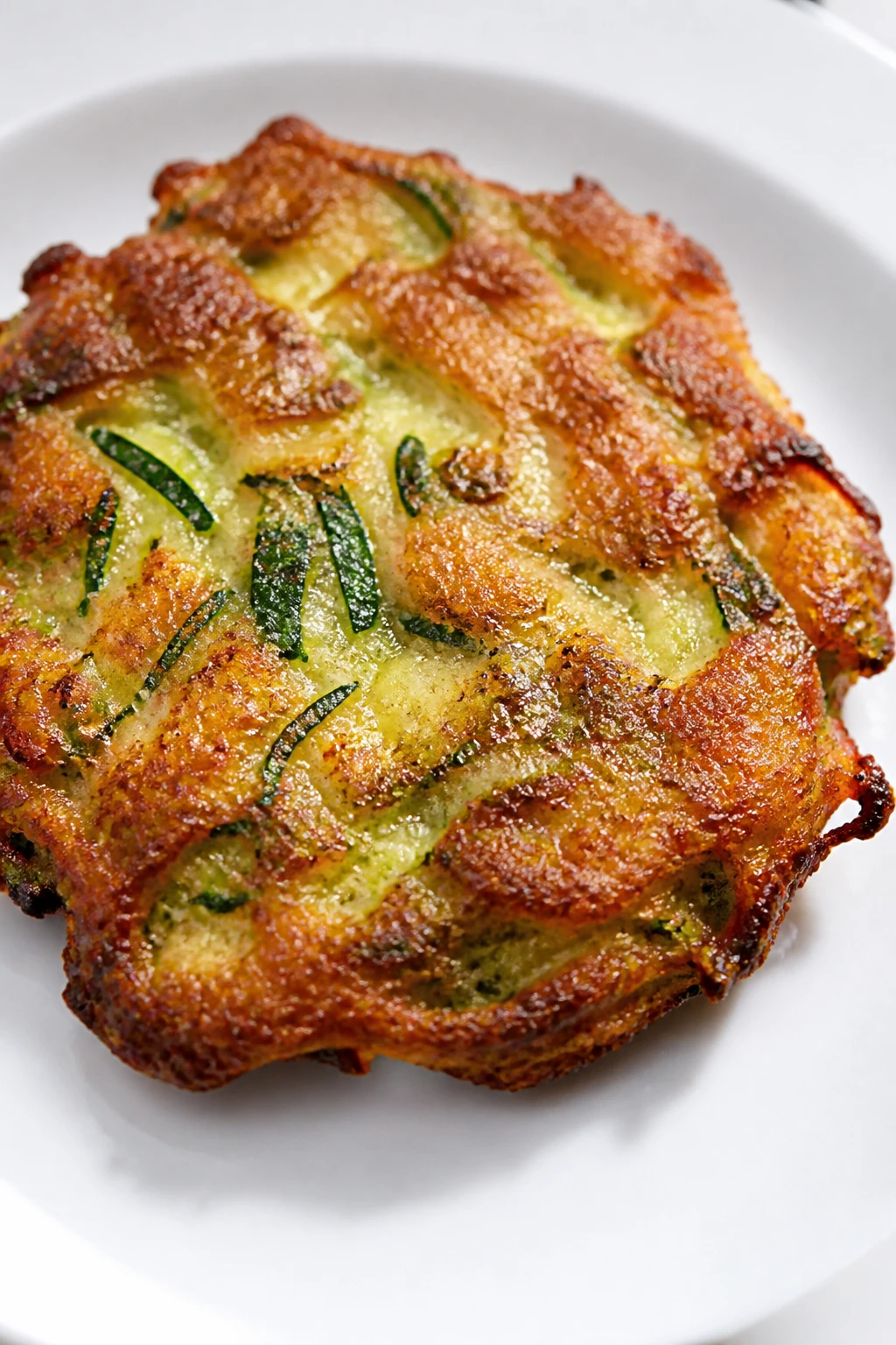 Closeup of a single zucchini fritter gleaming with crisp edges on a white plate