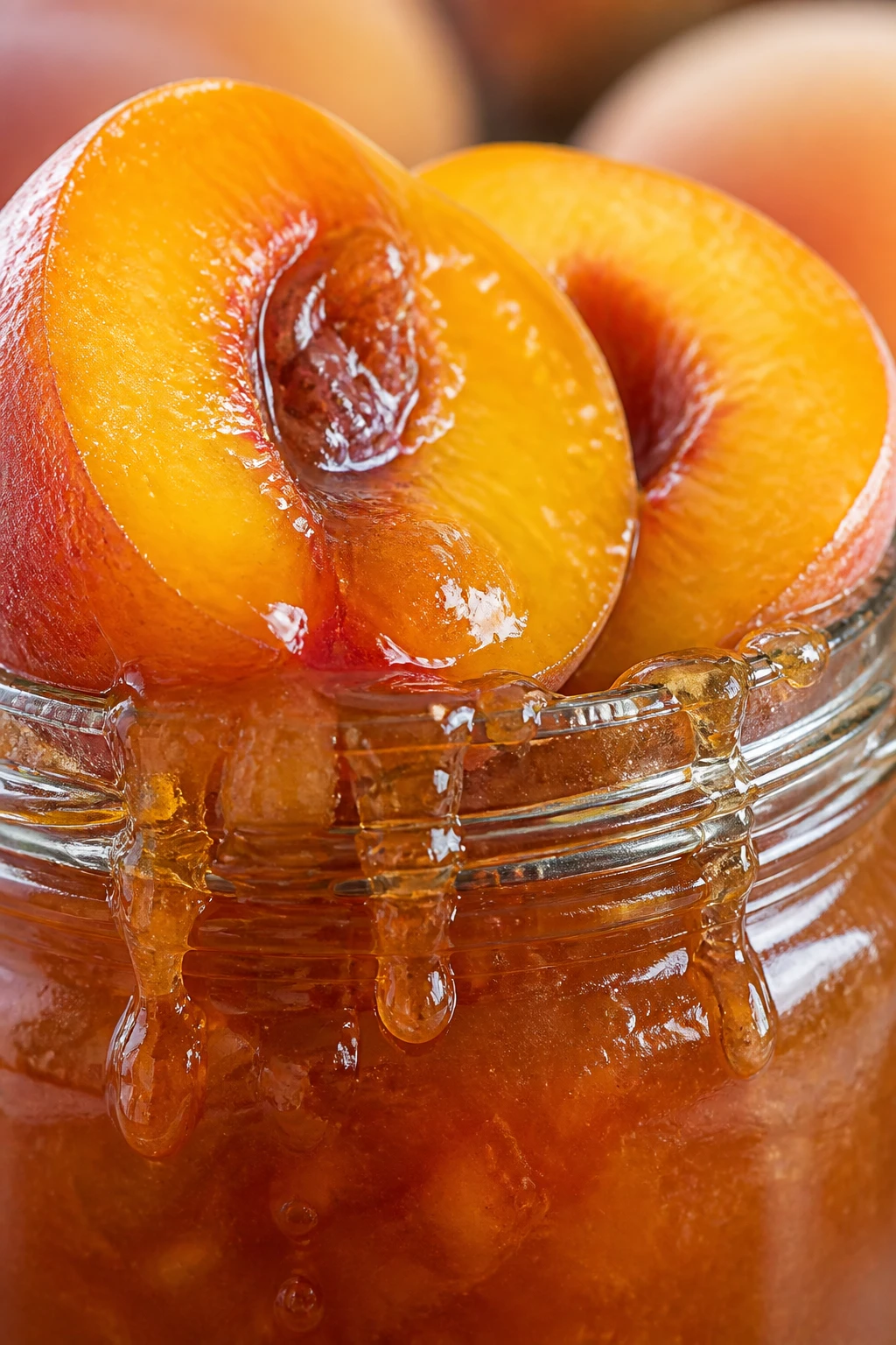 Closeup peach halves dripping jam on glass jar