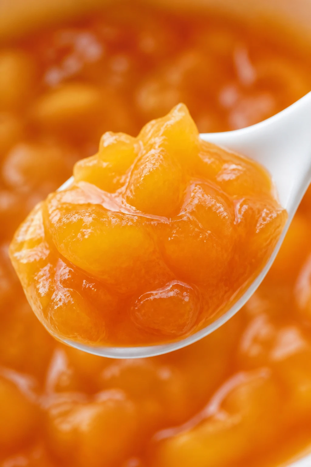 Closeup spoonful of bright peach jam on white spoon
