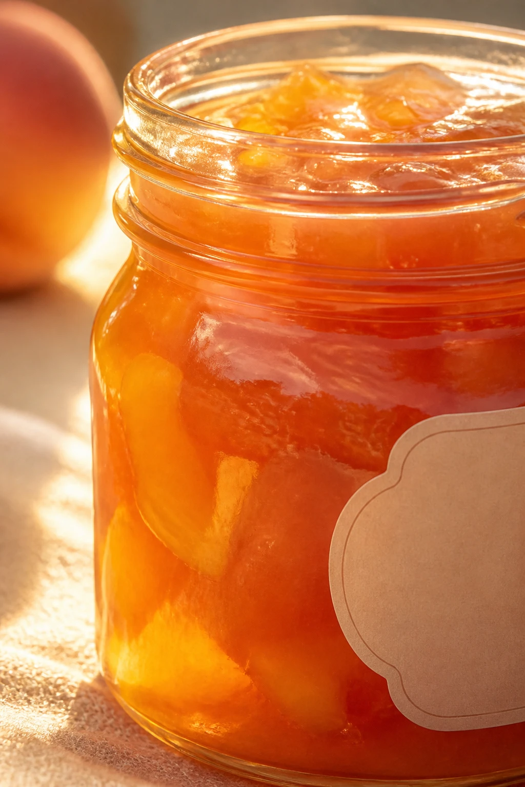 Closeup peach jam jar with sunlight glow and label edge