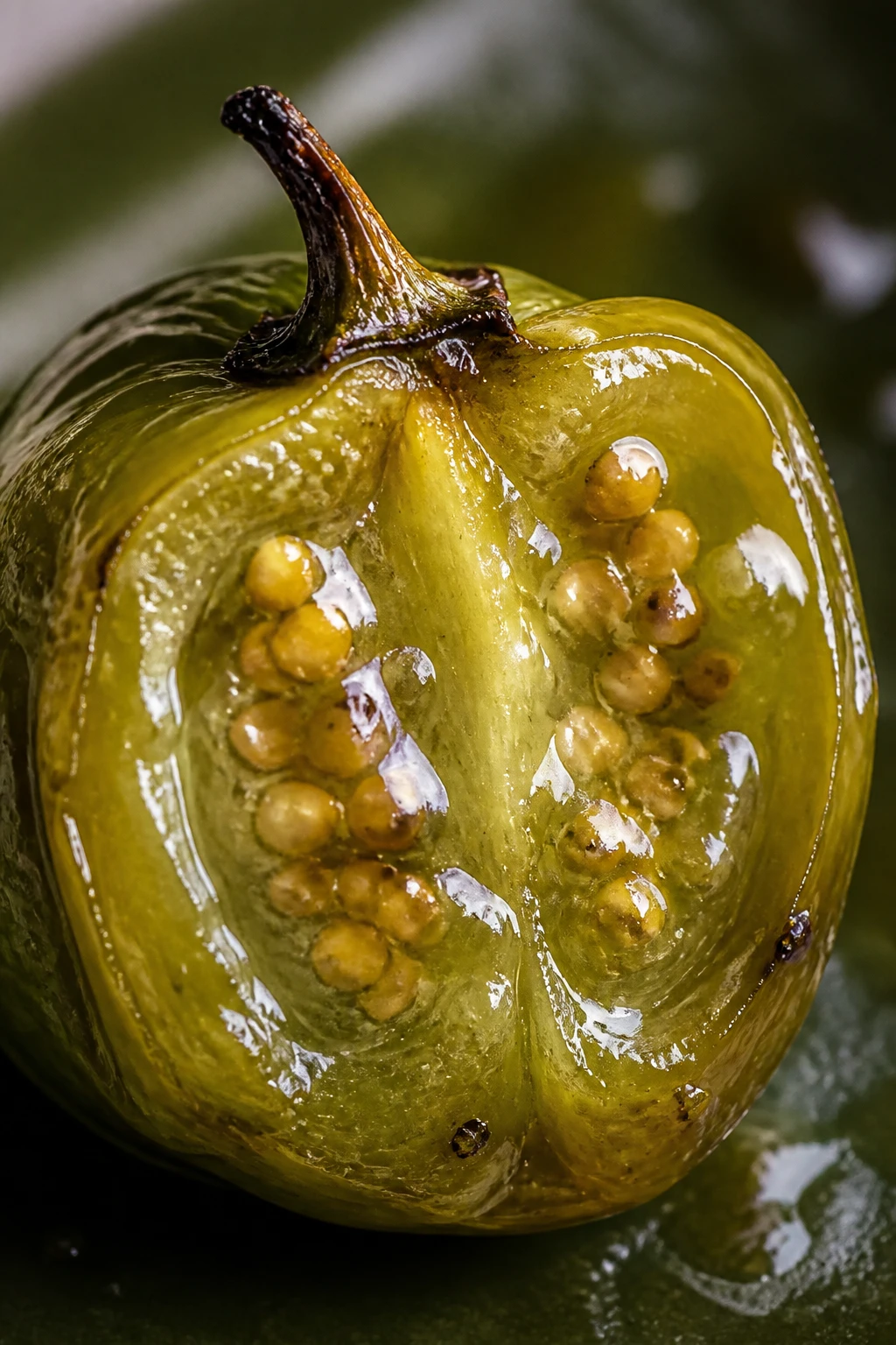 Closeup of a single tomatillo, halved, glistening salsa glaze