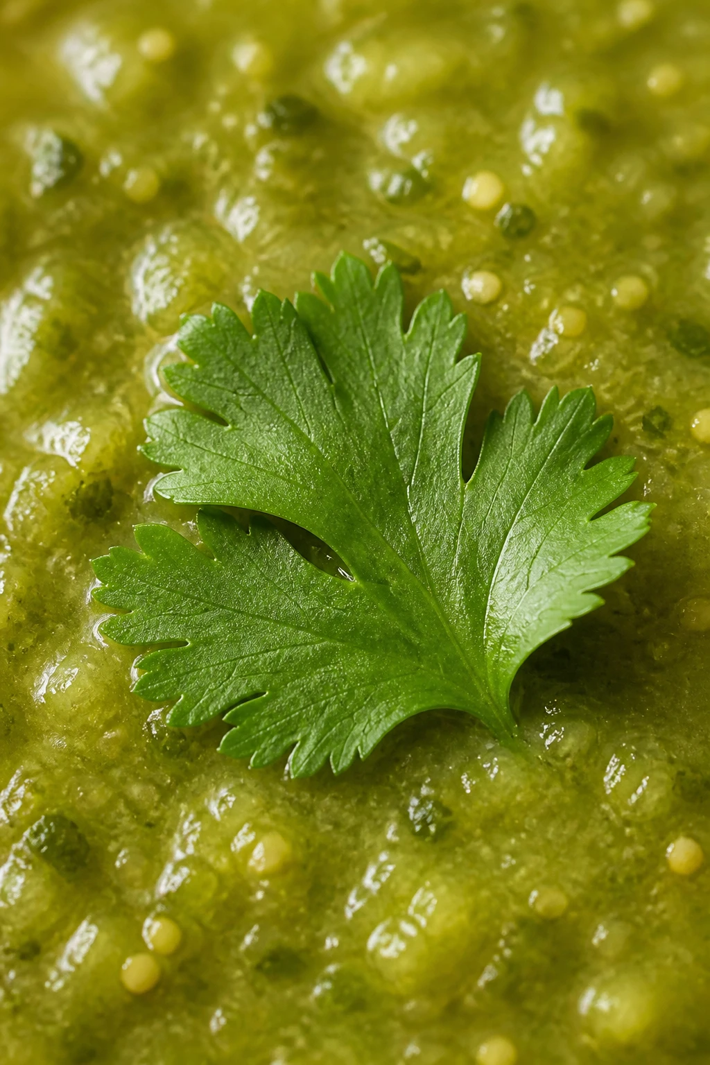 Closeup of a single cilantro leaf resting on bright green tomatillo sauce