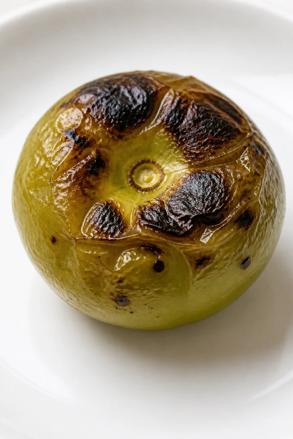 Closeup of a single roasted tomatillo with smoky char on white plate