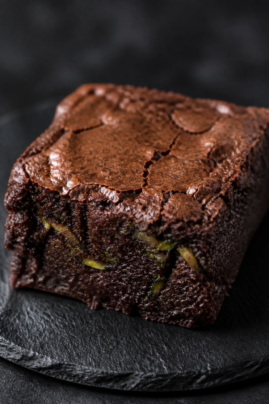 closeup of fudgy zucchini brownie square on dark slate plate