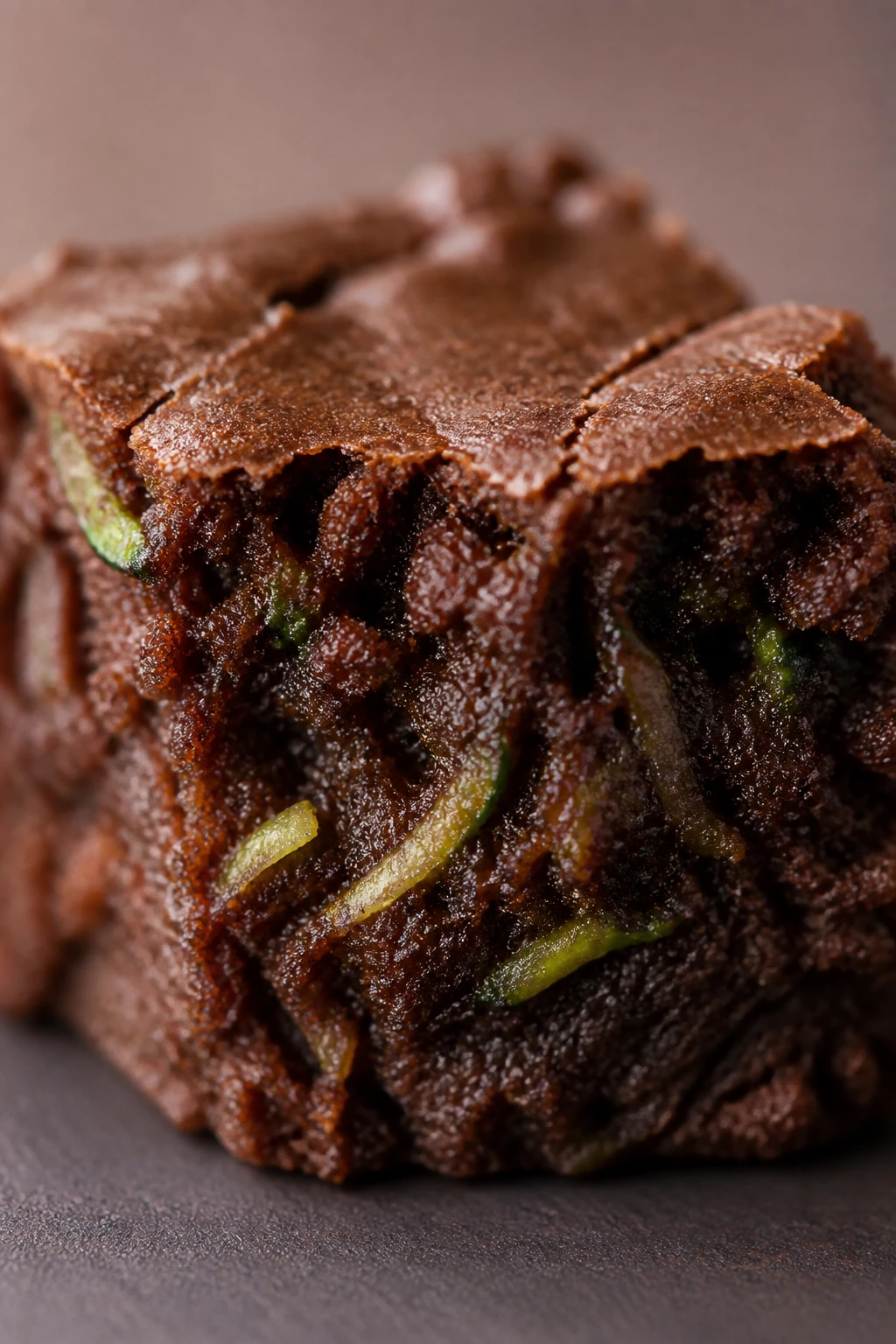 single brownie bite macro with visible grated zucchini specks