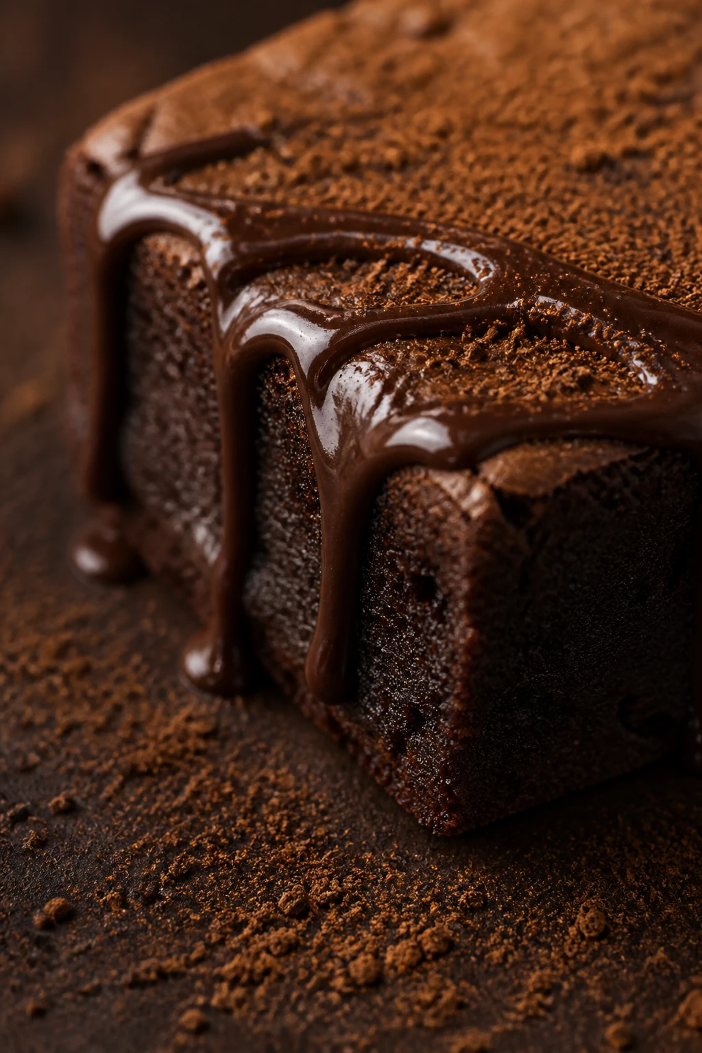 closeup shot of glossy brownie drizzle on edge with espresso powder dusting
