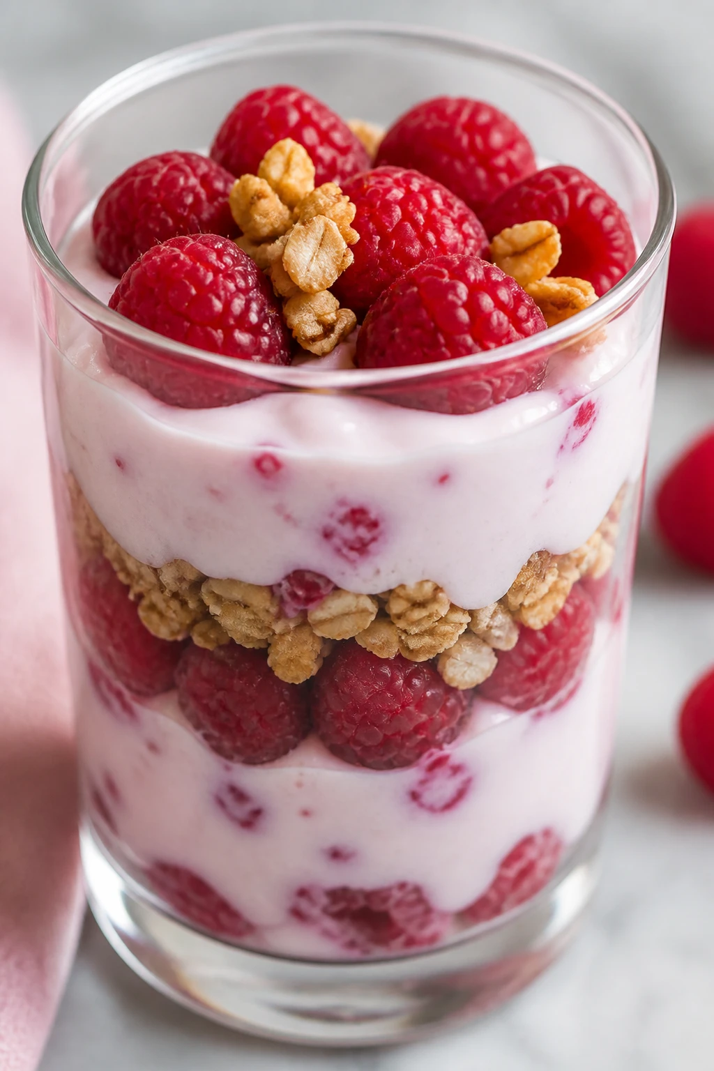 Closeup of a single Raspberry Yogurt Parfait in a clear glass