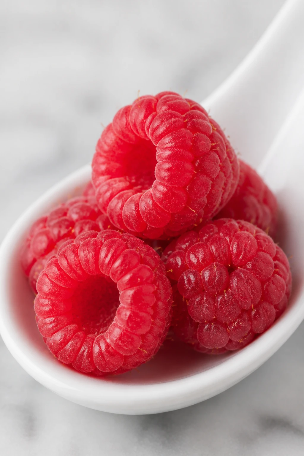 Closeup of fresh raspberries on a white porcelain spoon