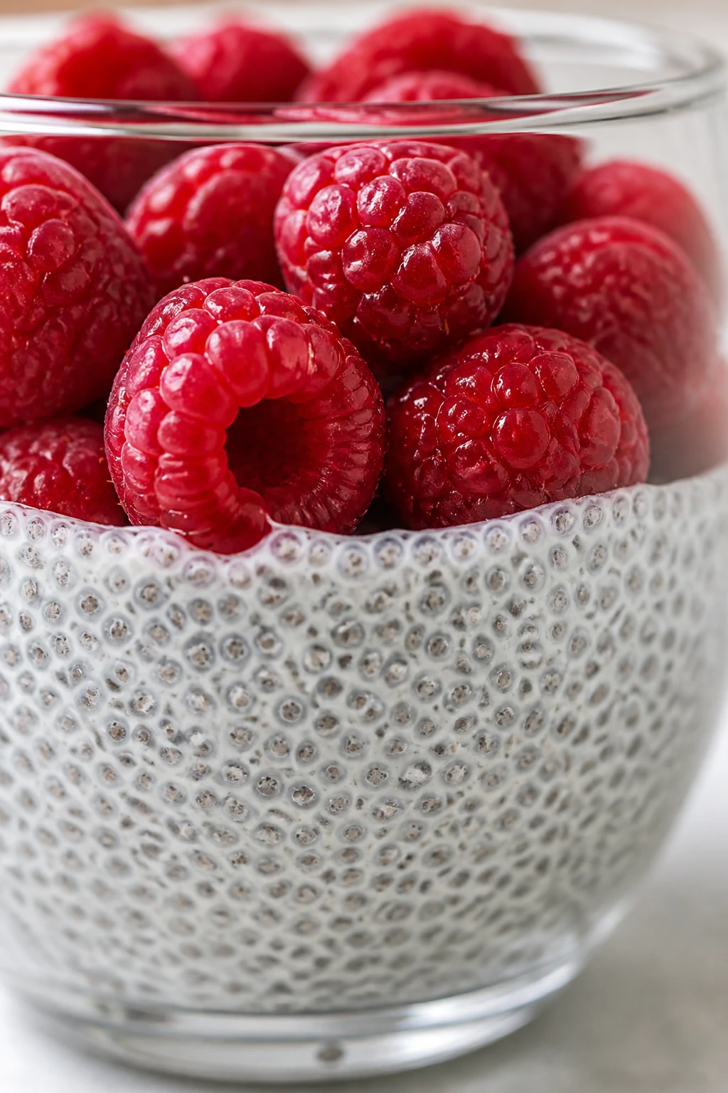 Closeup of chia pudding layer with raspberries on top in glass bowl
