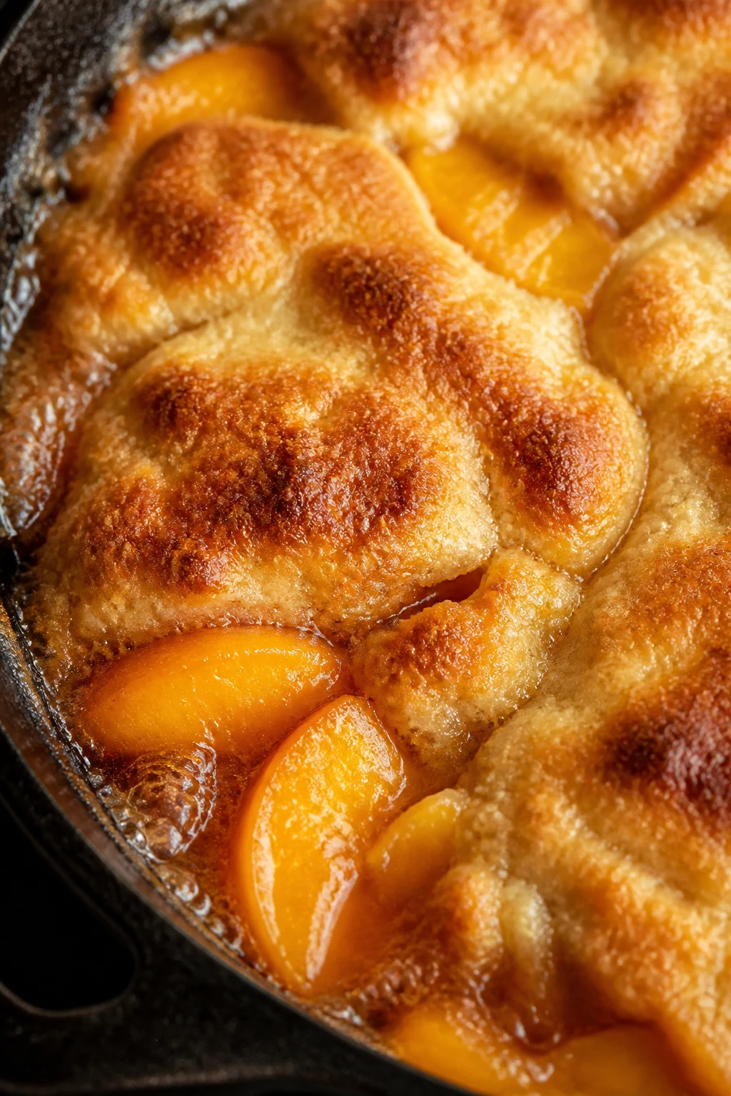 closeup peach cobbler with bubbling golden crust in skillet