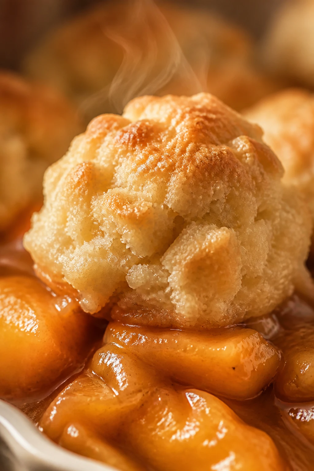 closeup biscuit-t topping scoop on warm peach filling, steam rising