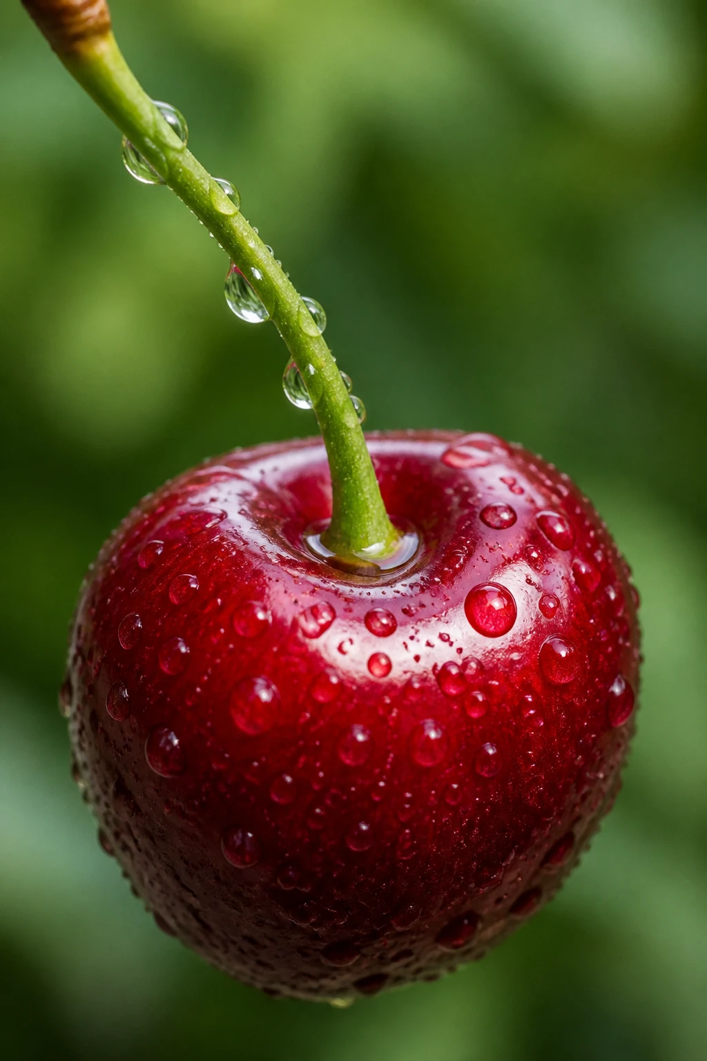 closeup of a single bright cherry with dew on stem