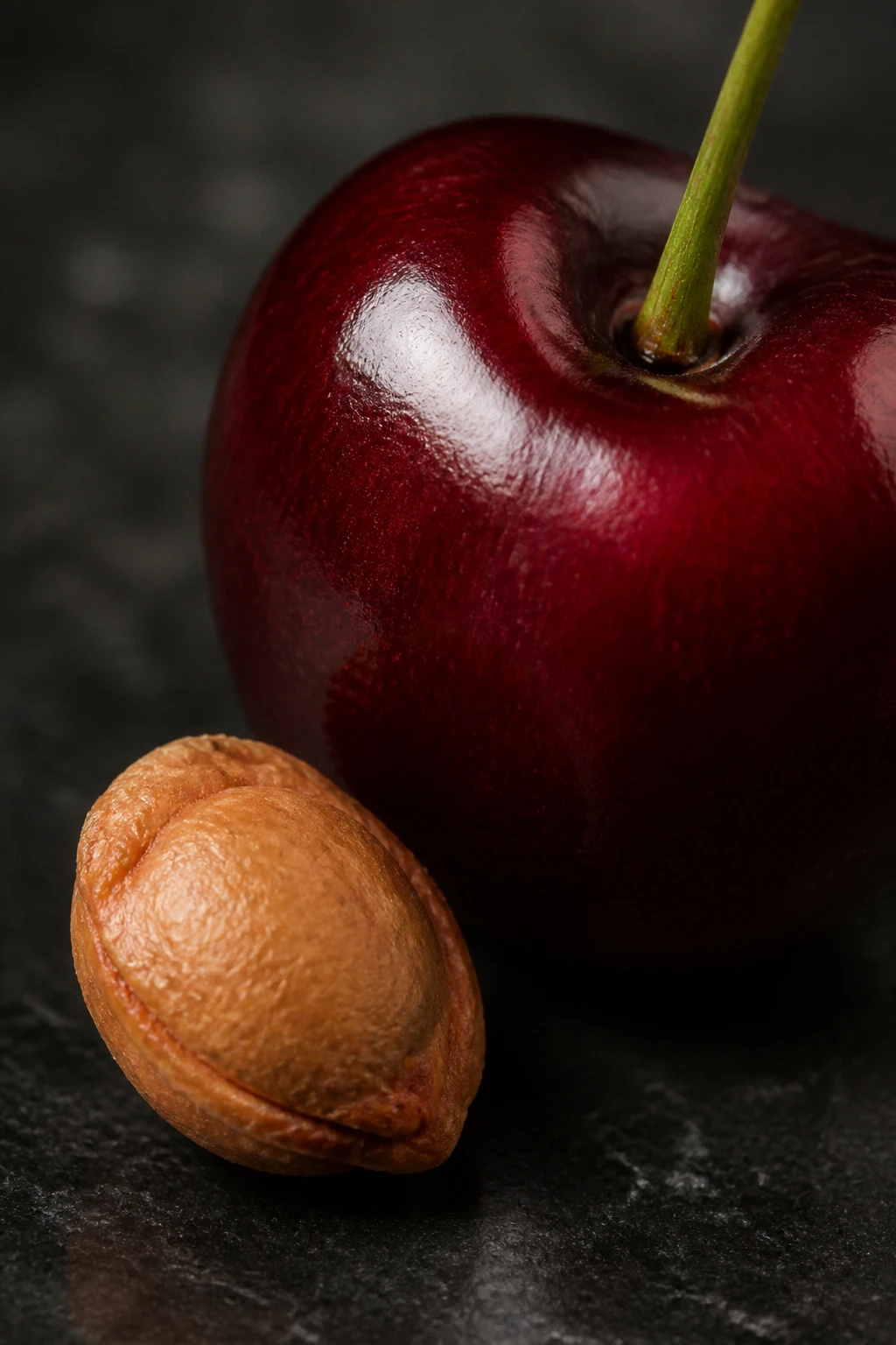 closeup of one cherry pit beside a whole cherry