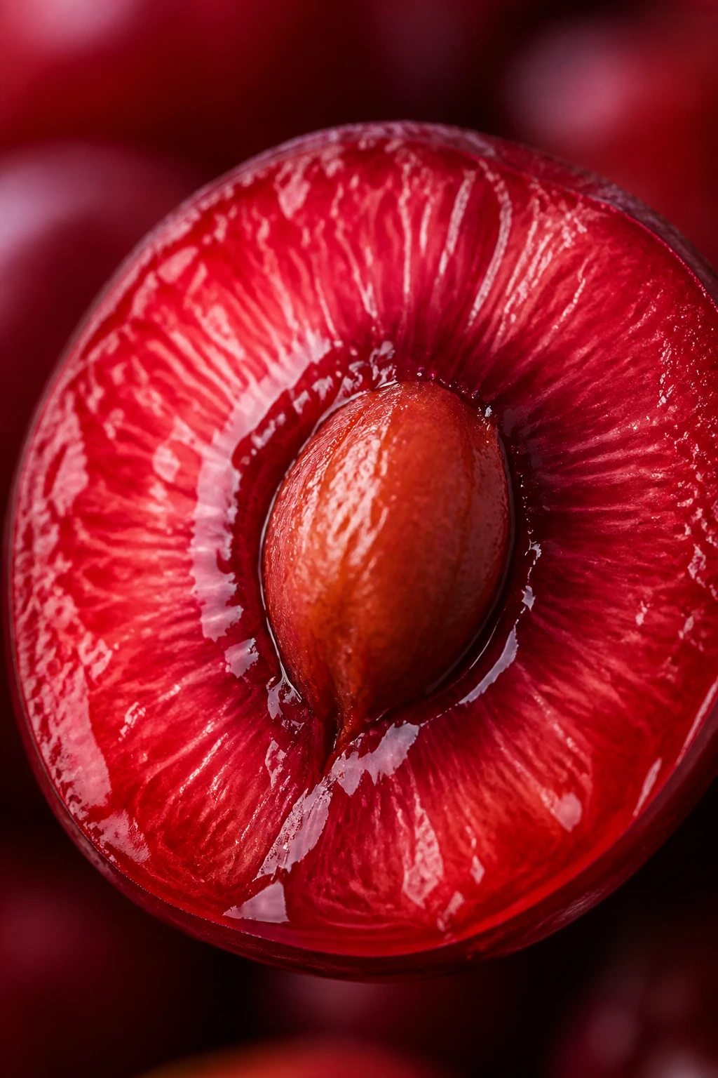 closeup of a single halved cherry showing vibrant interior juice