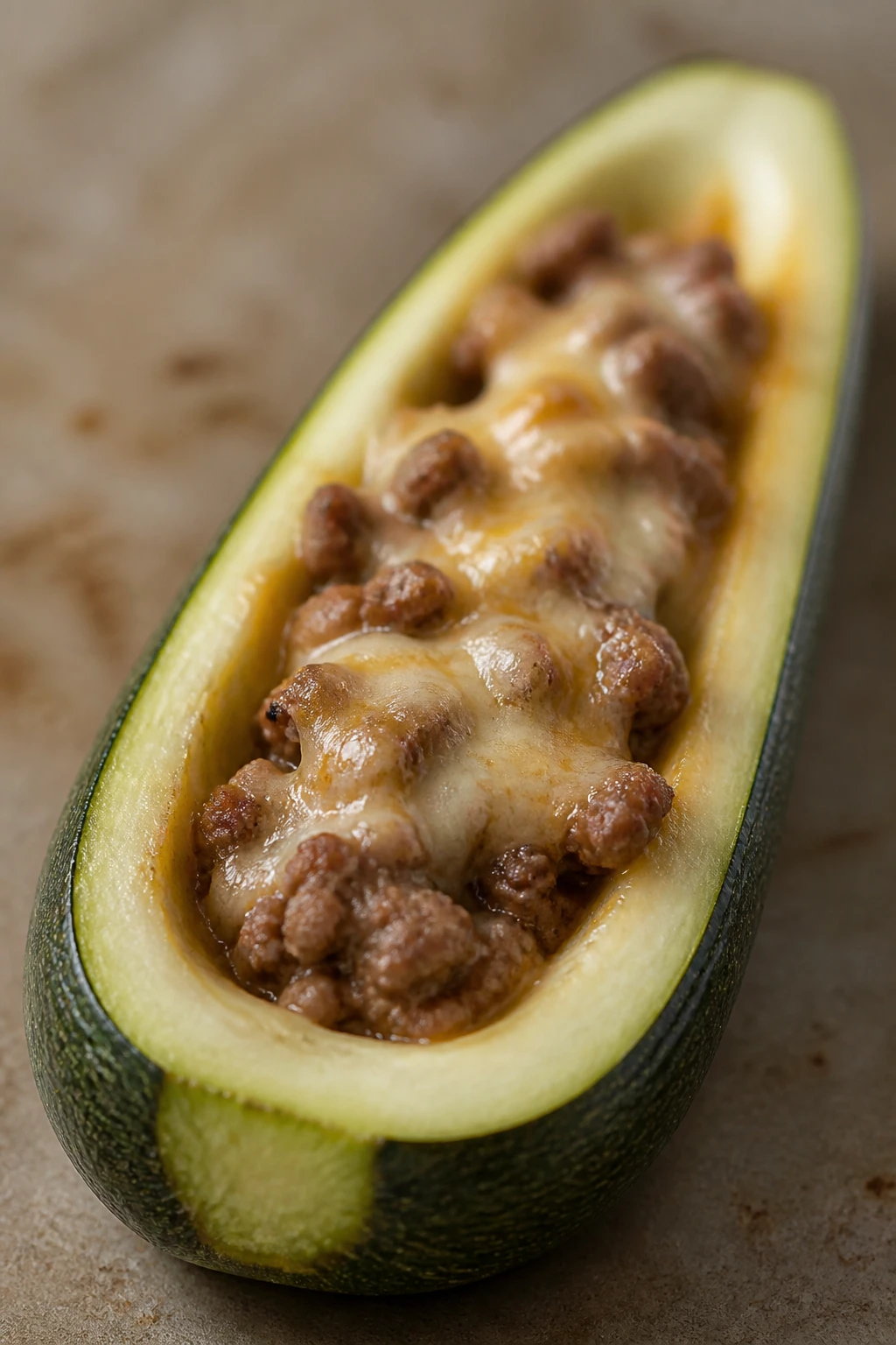 closeup of a single zucchini boat half-filled with cheese and meat