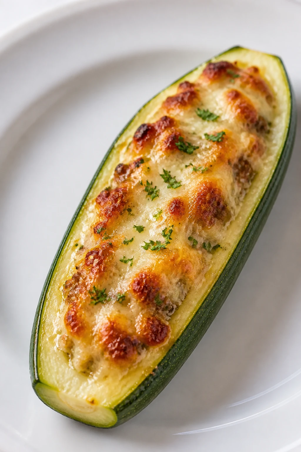 closeup of a single baked zucchini boat on a white plate
