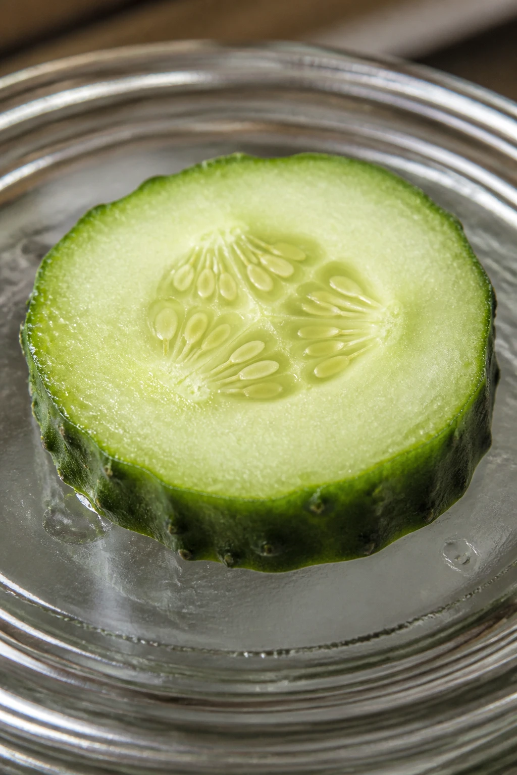Closeup of a single kirby cucumber slice on glass jar lid